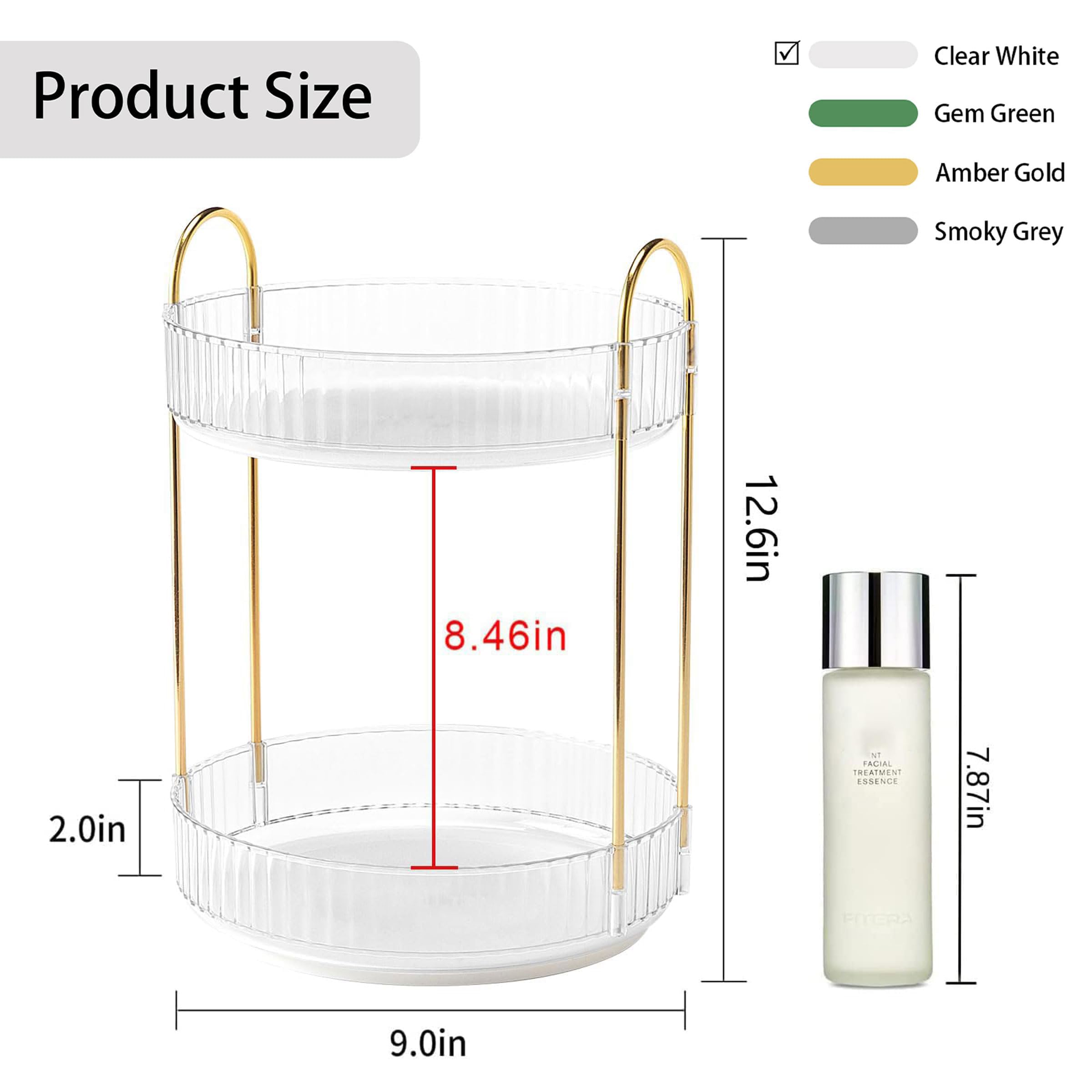 YCIA&DONE 360 Rotating Makeup Organizer and Storage for Vanity Bathroom Countertop, High Capacity Cosmetic Skincare Perfume Organizer for Dresser Lazy Susan Organizers(Clear White,2 Tiers)