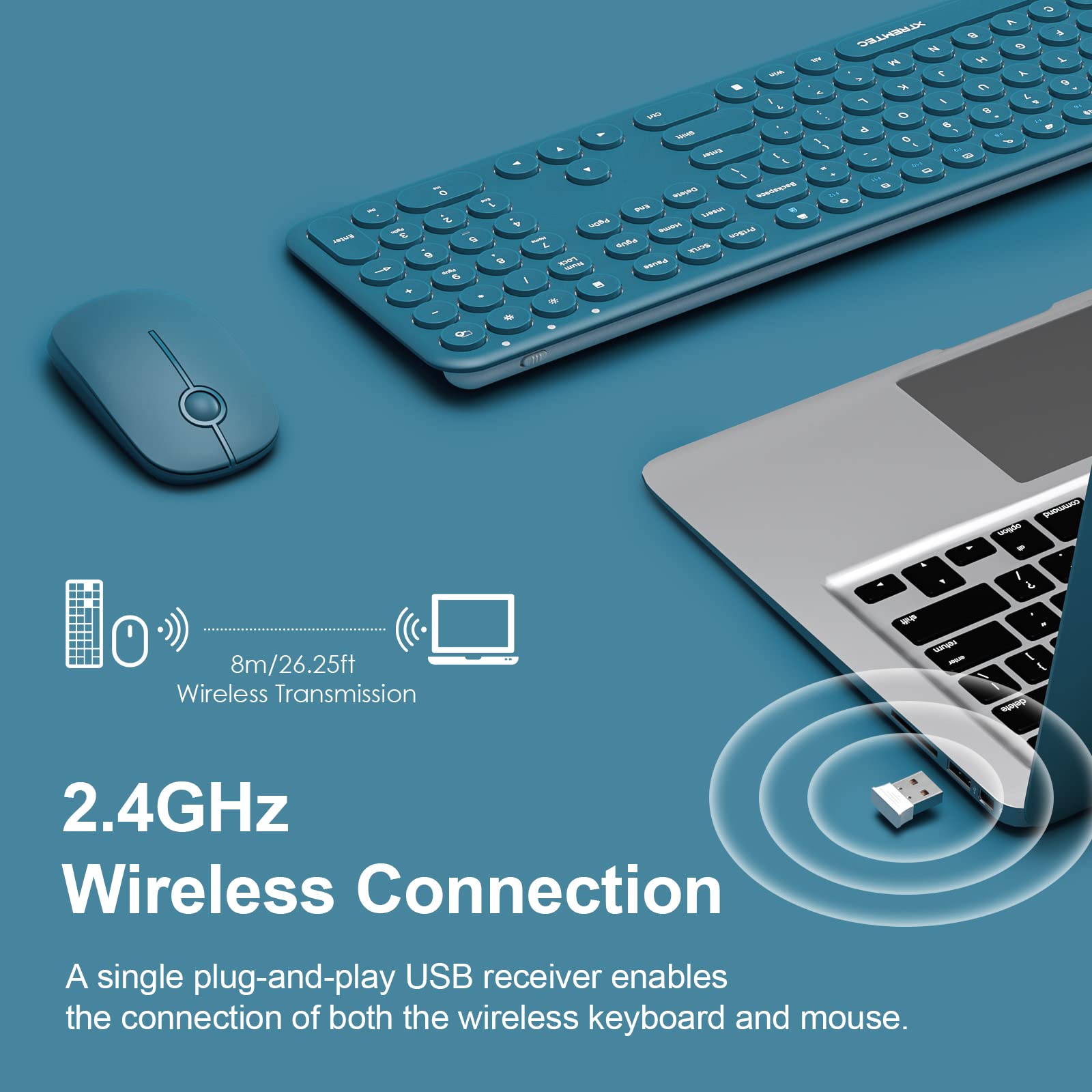 Wireless Keyboard and Mouse, XTREMTEC Cute Keyboard Retro Round Keycap - 2.4GHz Ultra-Slim Quiet Aesthetic Keyboard for Mac Computer Laptop PC Desktops (Rosegold)