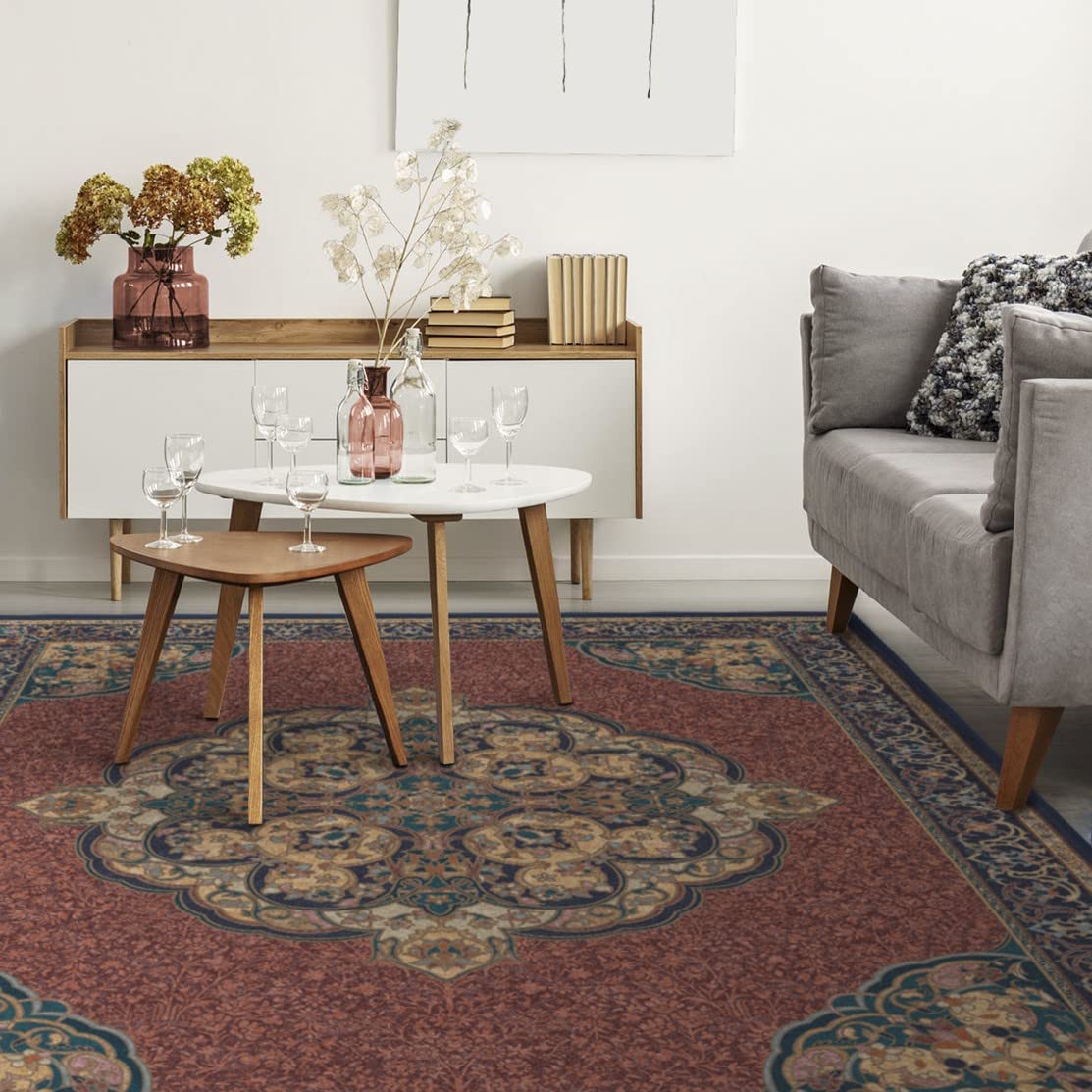 RUGGABLE Disney Traditional Mickey Mouse Washable Rug - Perfect Area Rug for Nursery Playroom Kids Room - Pet & Child Friendly - Stain & Water Resistant - Damask Grey 3&