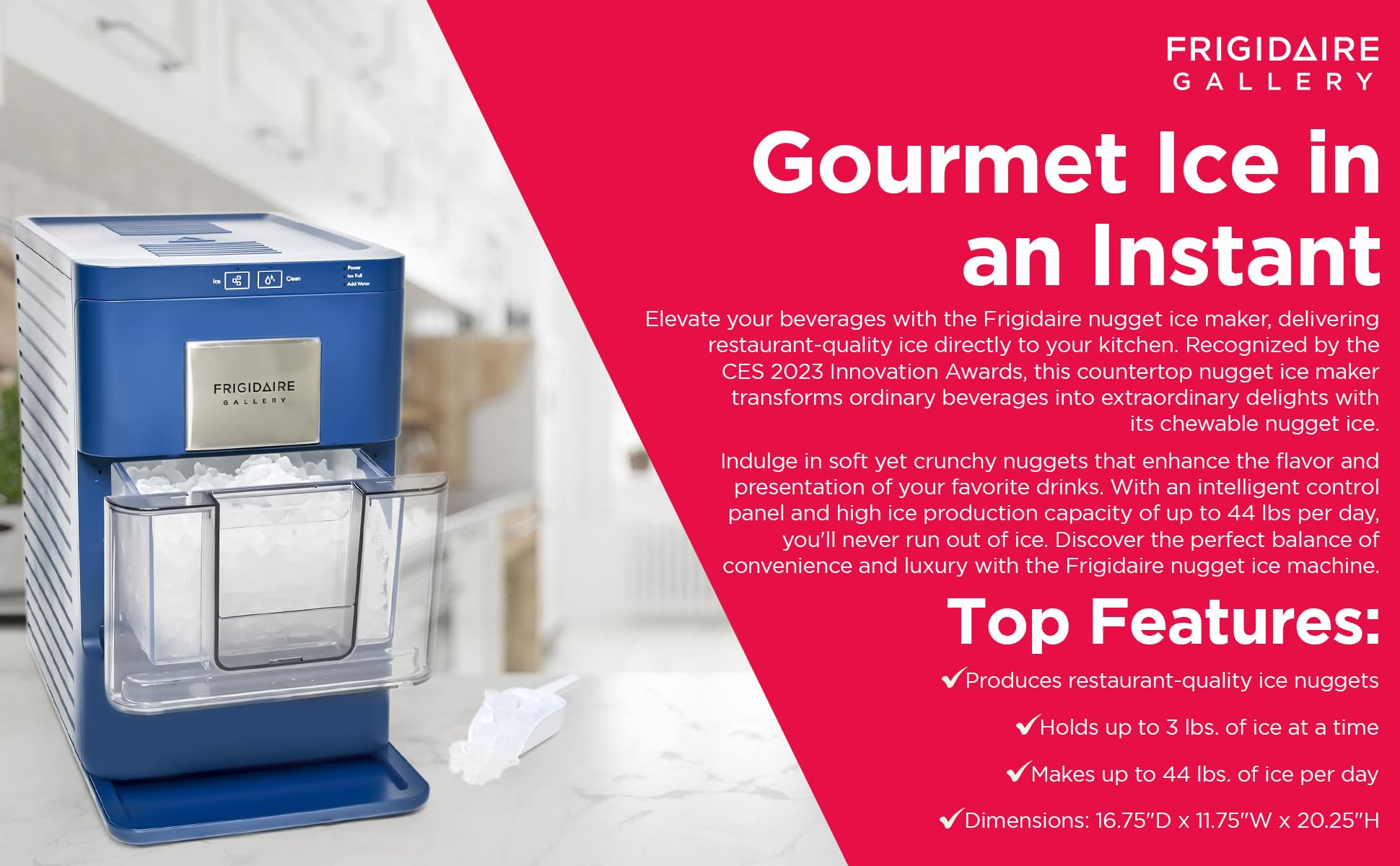 Frigidaire Nugget Ice Maker, Countertop Ice Machine with Transparent Window, Sonic Ice Maker with 44 lbs. Capacity, Auto Self Cleaning Ice Maker Machine, 2.0 Gen, Cream - 16.75D x 11.75W x 20.25H