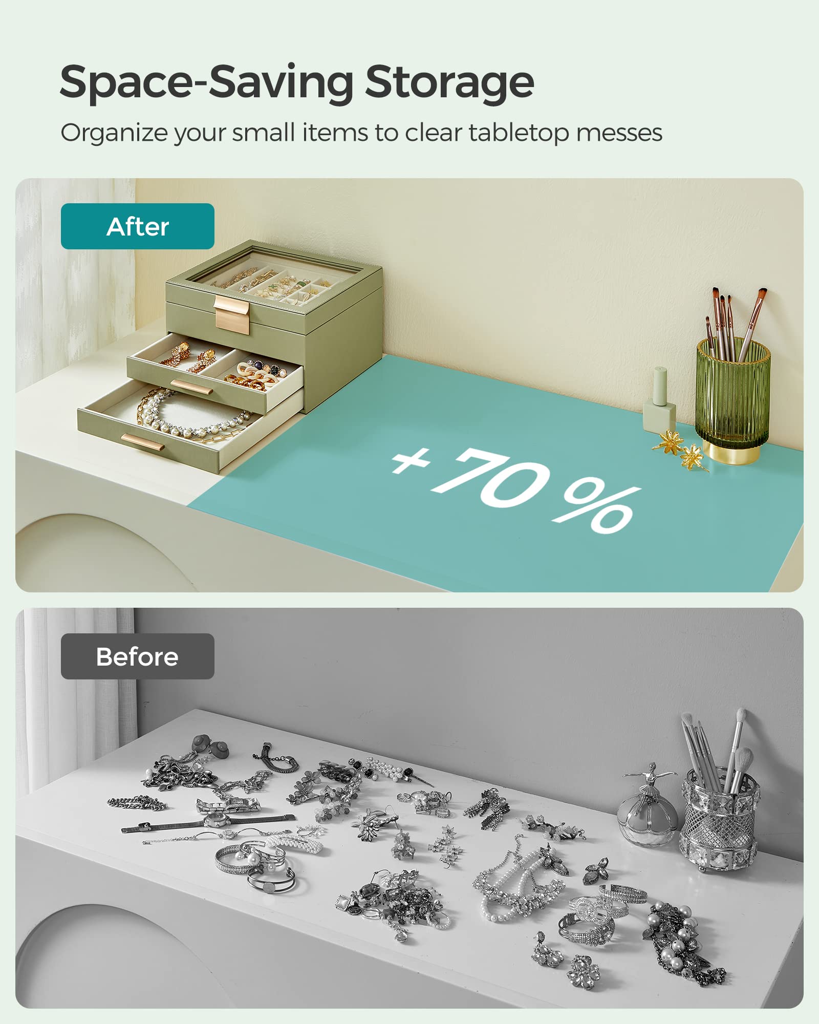 SONGMICS Jewelry Box with Glass Lid, 3-Layer Jewelry Organizer, 2 Drawers, for Big and Small Jewelry, Jewelry Storage, Modern Style, 8 x 9.1 x 5.3 Inches, Cloud White and Gold Color UJBC239WT