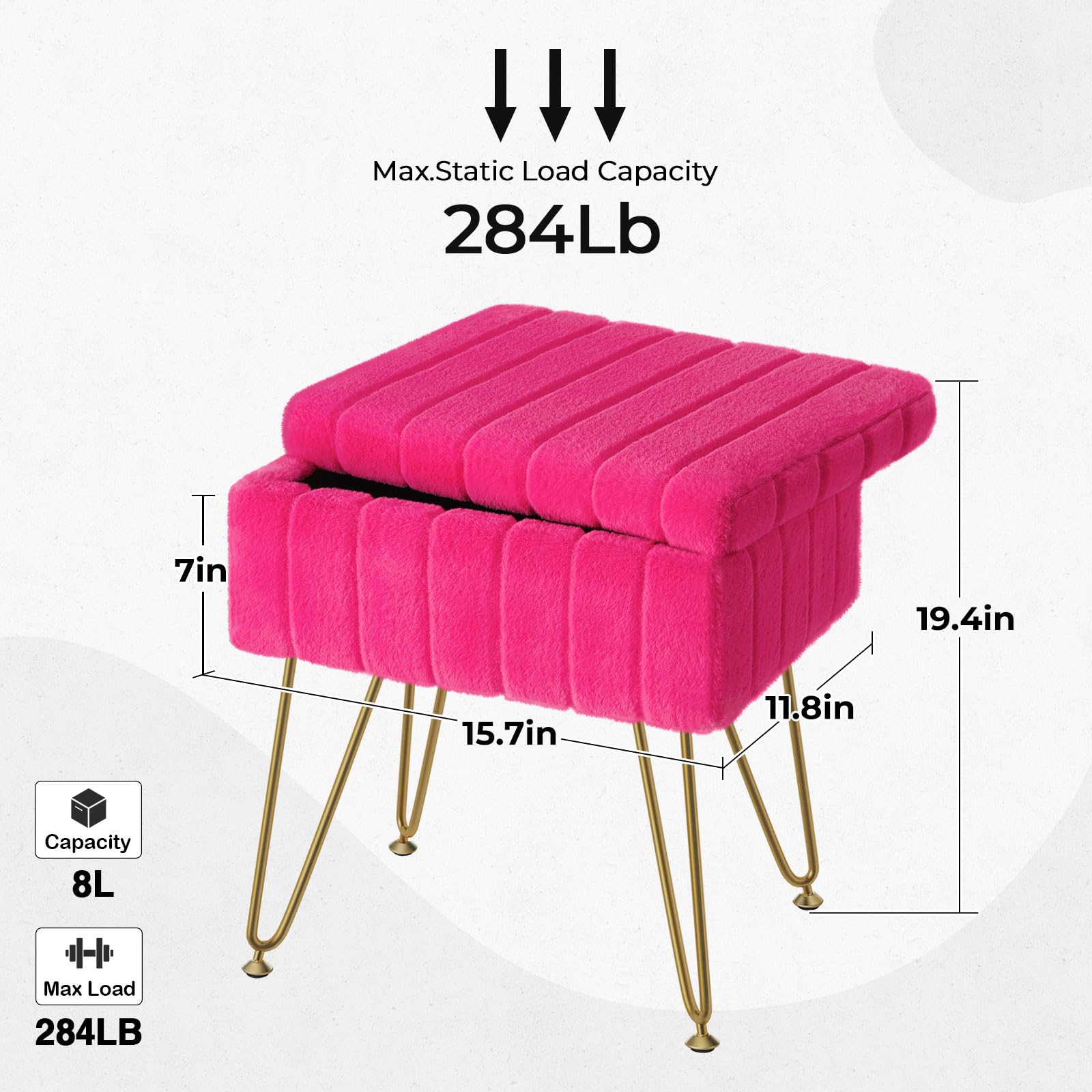 Greenstell Vanity Stool Chair Faux Fur with Storage, 19.4" H x 15.7" L x 11.8" W Soft Ottoman 4 Metal Legs with Anti-Slip Feet, Furry Padded Seat, Modern Multifunctional Chairs for Makeup, Bedroom