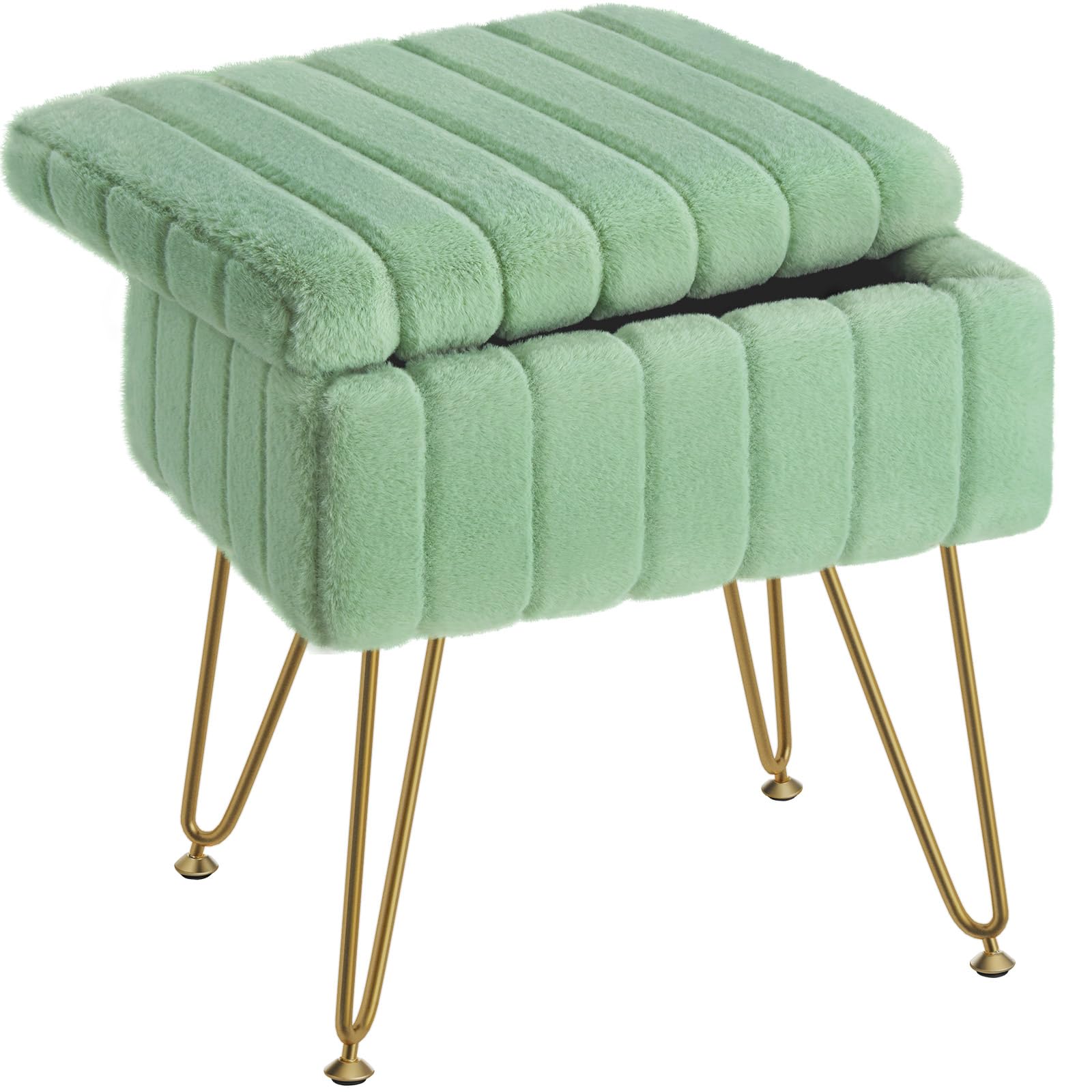 Greenstell Vanity Stool Chair Faux Fur with Storage, 19.4" H x 15.7" L x 11.8" W Soft Ottoman 4 Metal Legs with Anti-Slip Feet, Furry Padded Seat, Modern Multifunctional Chairs for Makeup, Bedroom