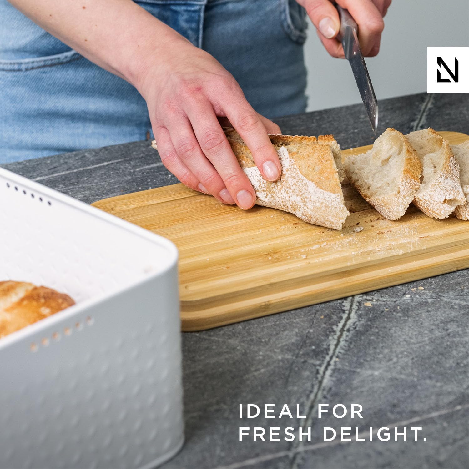 LARS NYSØM Bread Box I Metal bread box with linen bread bag for long lasting freshness I Bread box with bamboo lid usable as cutting board I 34 x 19.5 x 13.5 cm (Taupe Brown)