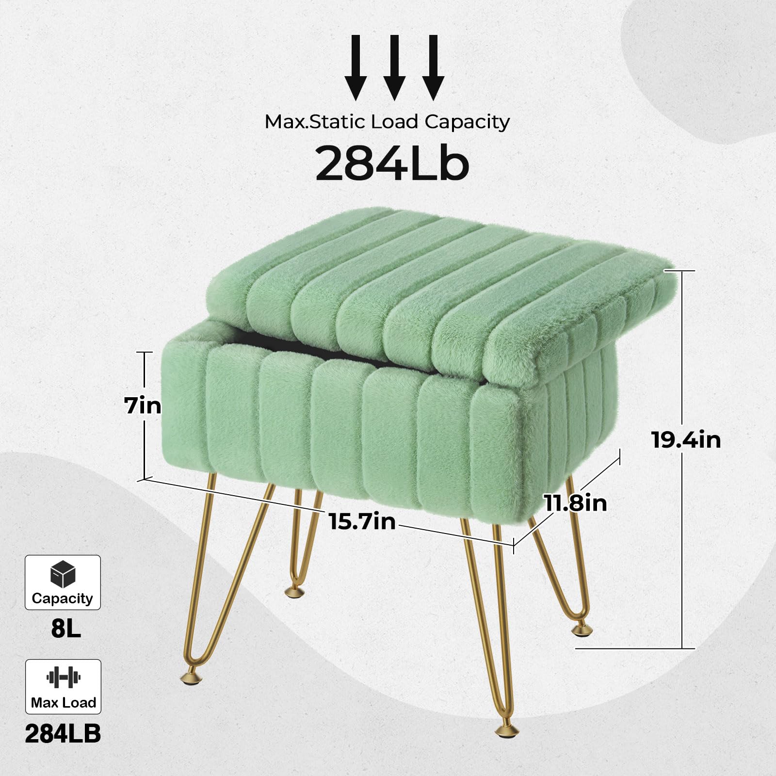 Greenstell Vanity Stool Chair Faux Fur with Storage, 19.4" H x 15.7" L x 11.8" W Soft Ottoman 4 Metal Legs with Anti-Slip Feet, Furry Padded Seat, Modern Multifunctional Chairs for Makeup, Bedroom