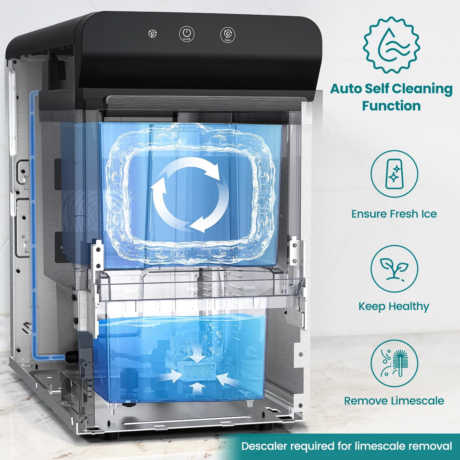 Gevi Household V2.0 Gemi Nugget Ice Maker Countertop Pellet Crushed Chewable Ice Machine with Self-Cleaning Open and Pour Water Refill for Kitchen Party Office Stainless Steel White