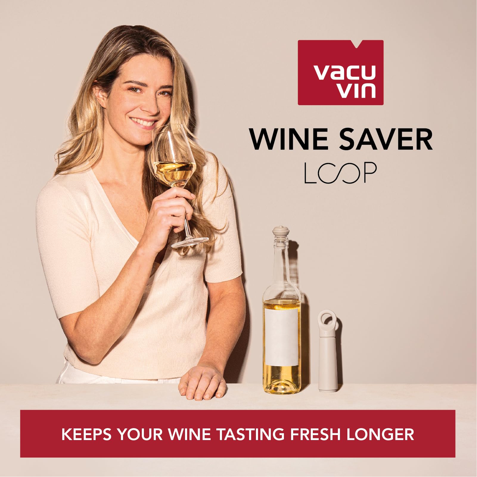 Vacu Vin Wine Saver Loop - Designed and Made in the Netherlands - Vacuum Wine Stopper Keeps Your Wine Fresh for up to 10 Days - Reusable, Made with 98% Recycled Material - 1 Pump, 1 Stopper, Sand