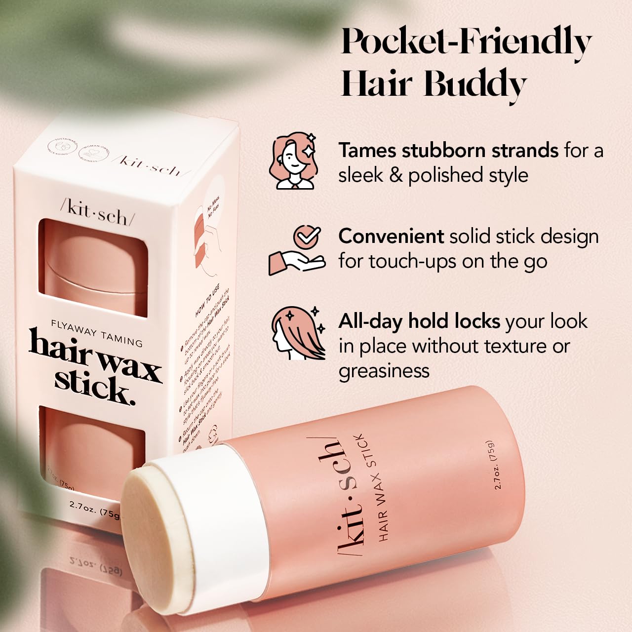 Kitsch Hair Wax Stick for Women & Men - Hair Slick Back Stick, Anti-Frizz and Fly Away Hair Tamer, No Residue Hair Finishing Stick for Flyaways, All Day Hold Styling Product for Smoothing Hair Strands