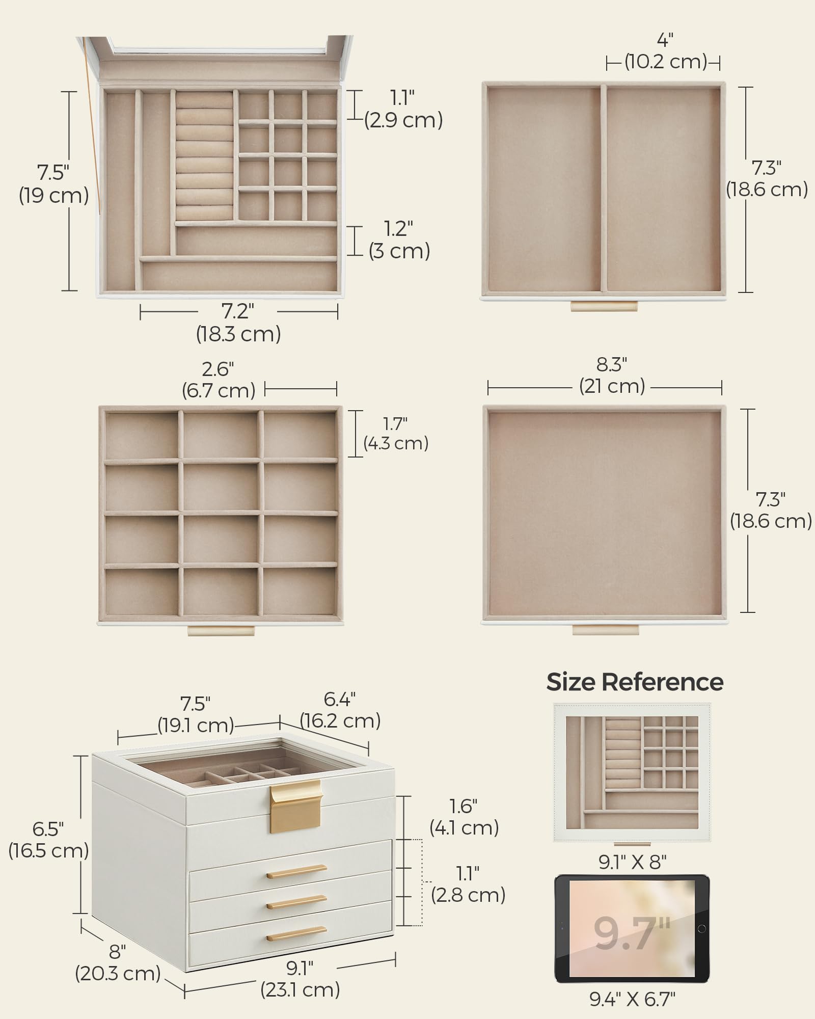 SONGMICS Jewelry Box with Glass Lid, 3-Layer Jewelry Organizer, 2 Drawers, for Big and Small Jewelry, Jewelry Storage, Modern Style, 8 x 9.1 x 5.3 Inches, Cloud White and Gold Color UJBC239WT