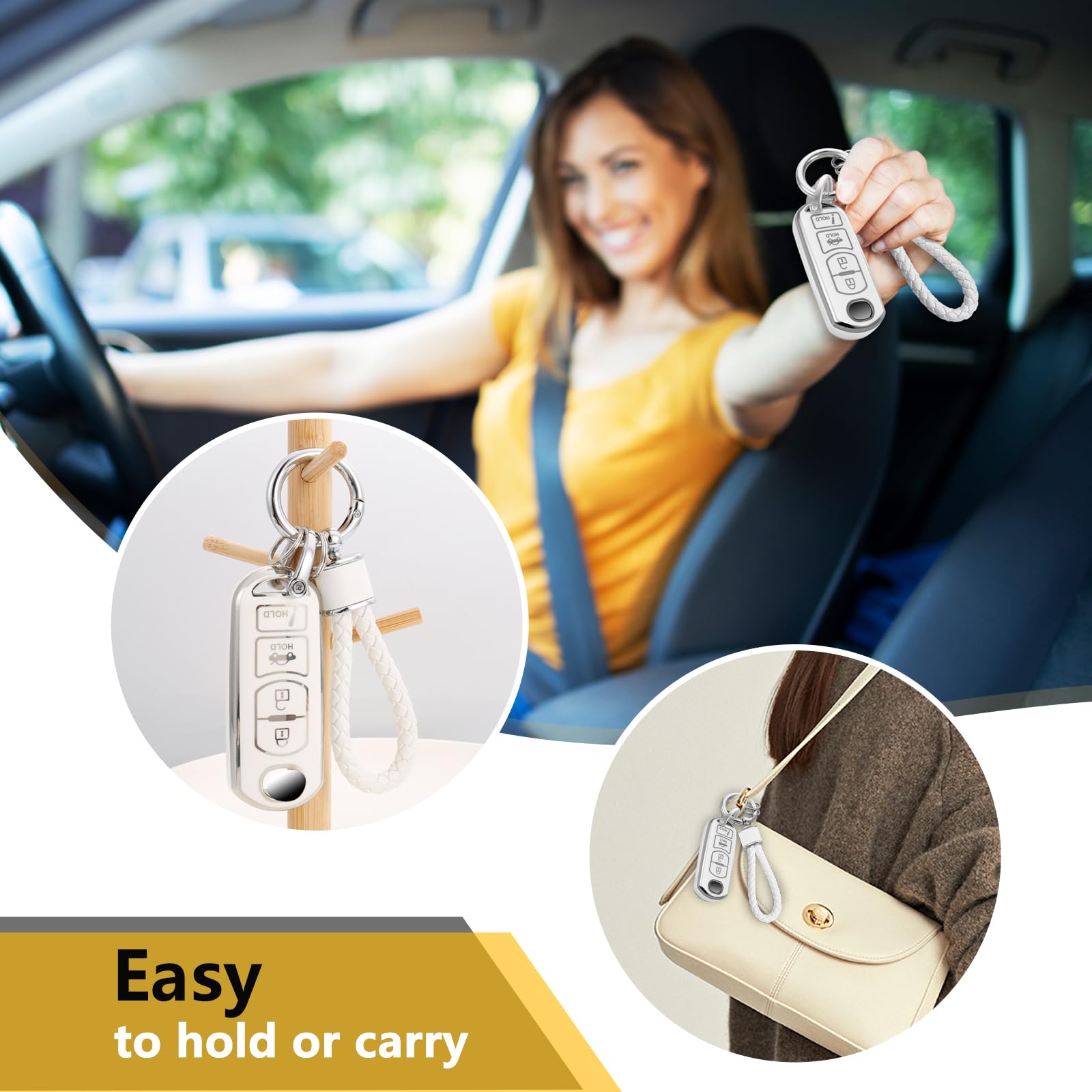 Cadillac Key Fob Cover with Metal Braided Rope Keychain, Upgraded Soft Key Case for 2015-2019 Escalade CTS SRX XT5 ATS STS CT6 (5 Button) (Gold Edge)