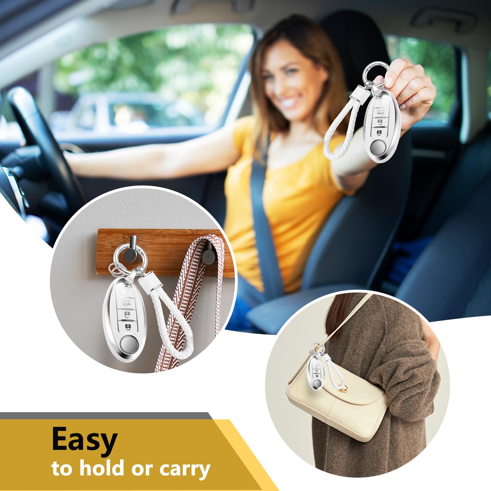 Cadillac Key Fob Cover with Metal Braided Rope Keychain, Upgraded Soft Key Case for 2015-2019 Escalade CTS SRX XT5 ATS STS CT6 (5 Button) (Gold Edge)