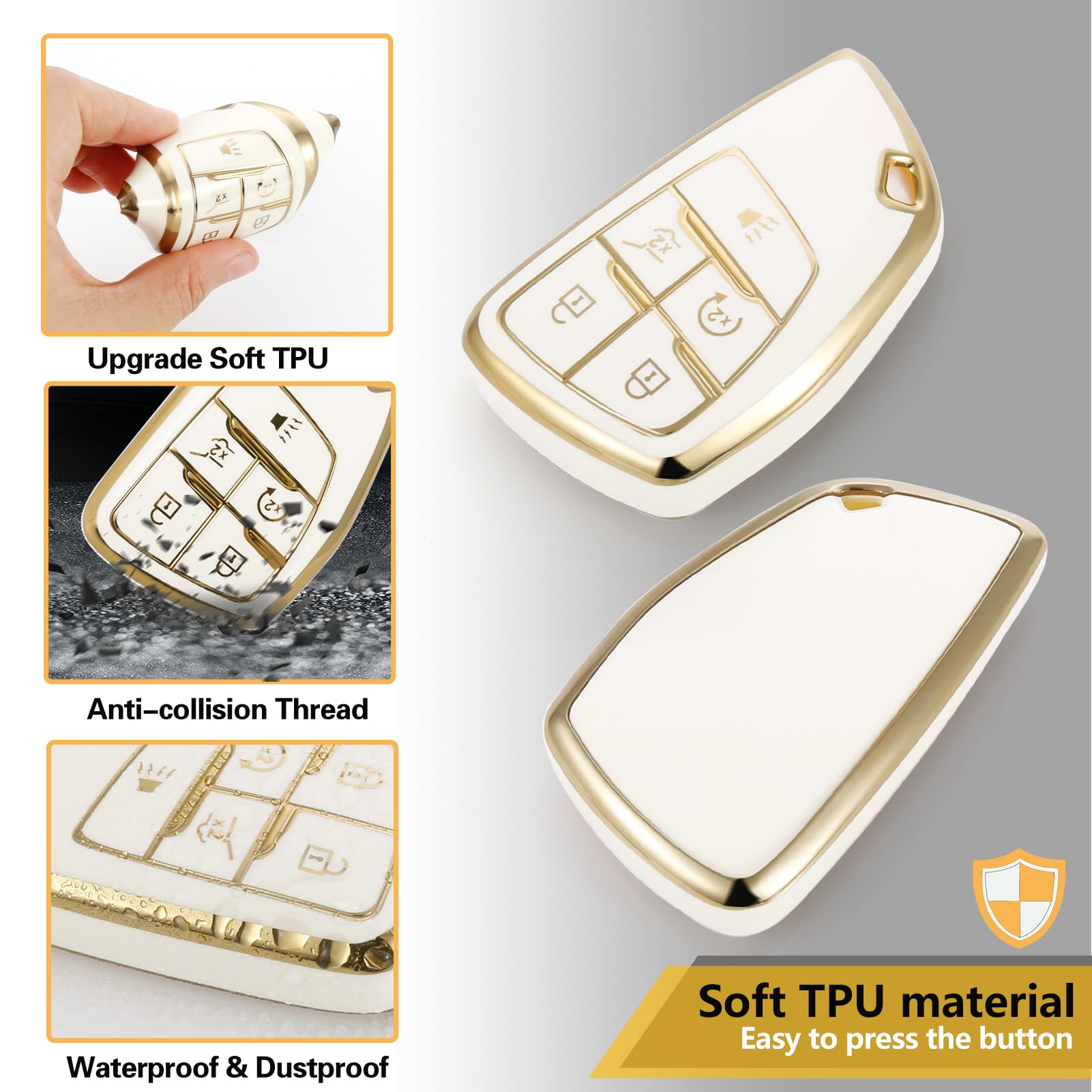 Cadillac Key Fob Cover with Metal Braided Rope Keychain, Upgraded Soft Key Case for 2015-2019 Escalade CTS SRX XT5 ATS STS CT6 (5 Button) (Gold Edge)