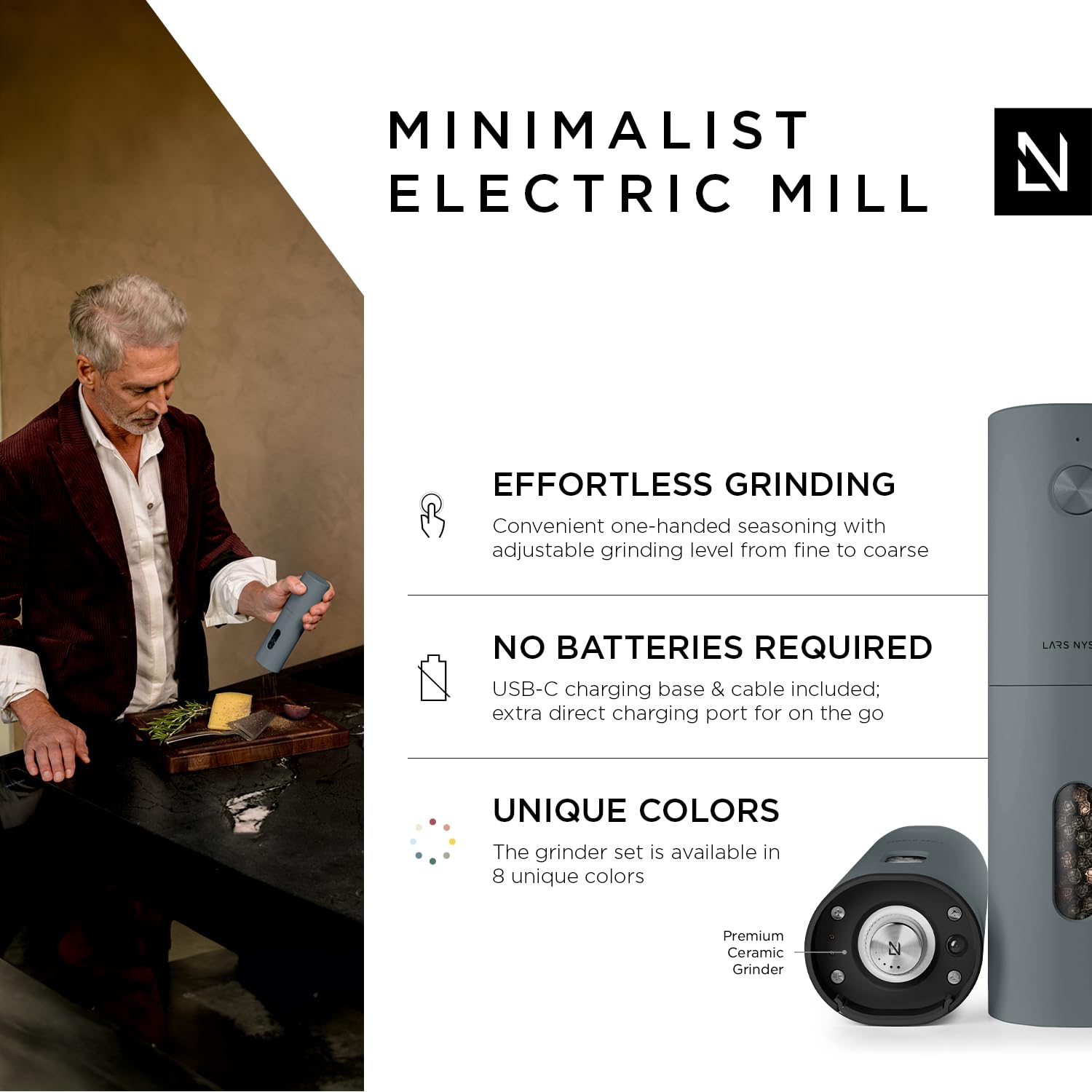 LARS NYSØM Electric Salt and Pepper Grinder Set I Automatic Salt and Pepper Mills with Adjustable Ceramic Grinder I USB Rechargeable Electric Spice Grinder Set (Almond Beige)