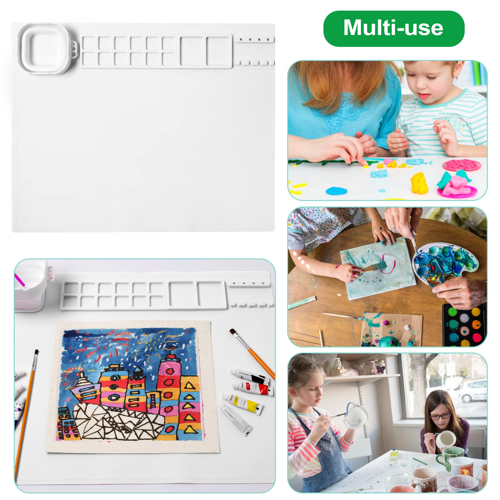AWOKE Silicone Painting Mat - 20"X16" Silicone Art Mat with 1 Water Cup for Kids - Silcone Craft Mat has12 Color Dividers - 2 Paint Dividers (White)