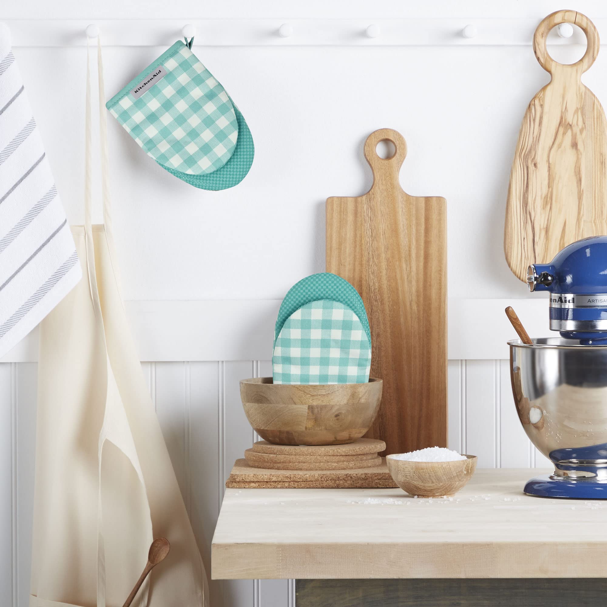 KitchenAid Gingham Mini Oven Mitt 2-Pack Set, Milkshake Tan, 5.5"x8"