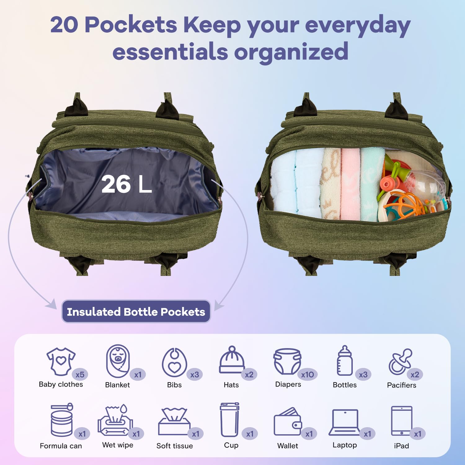 RUVALINO Diaper Bag Backpack, Multifunction Travel Pack Maternity Baby Changing Bags, Large Capacity, Waterproof, Beige