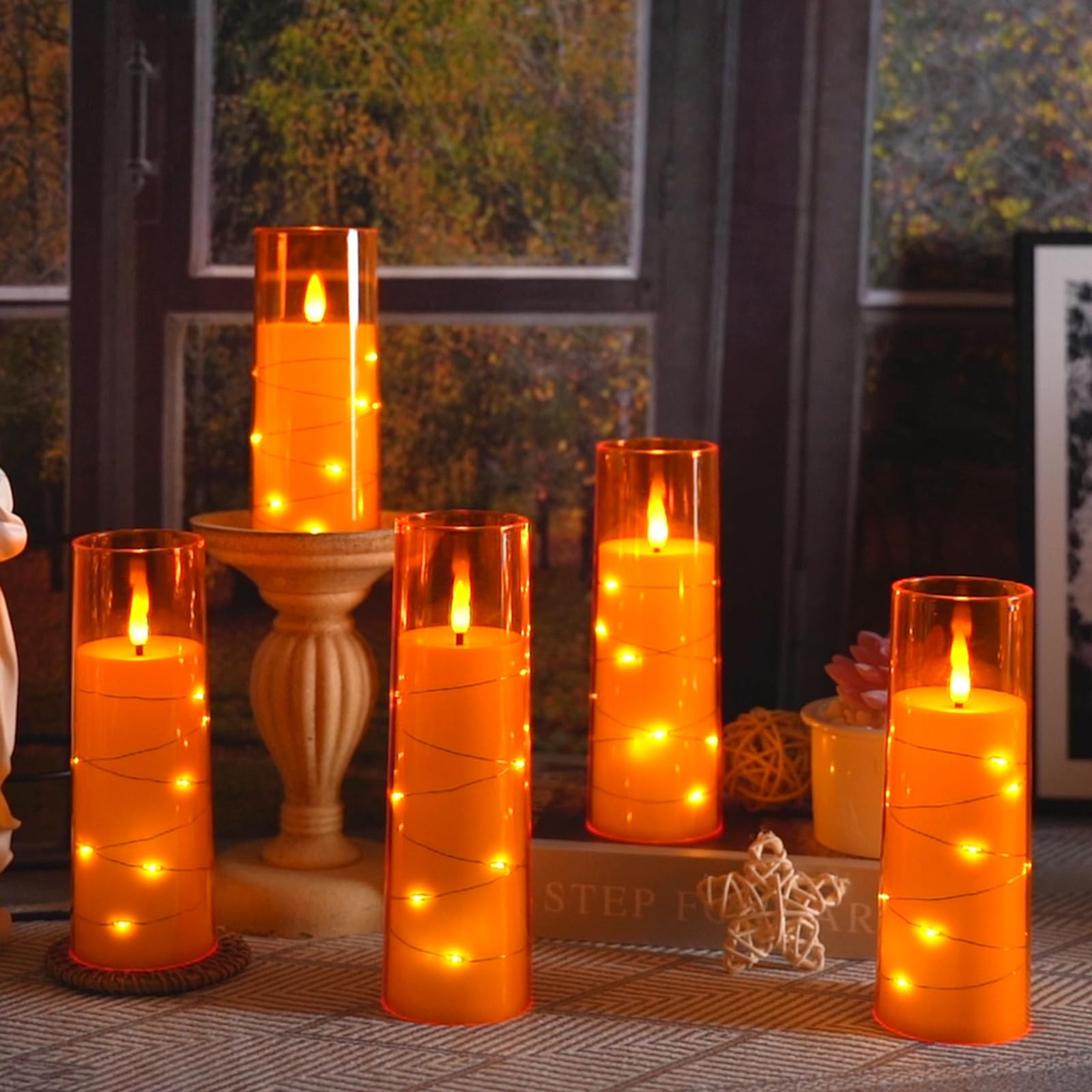 Flameless LED Candles with Timer 5 Pc Flickering Flameless Candles for Romantic Ambiance and Home Decoration Stable Acrylic Shell,with Embedded Star String,Battery Operated Candles(Grey)