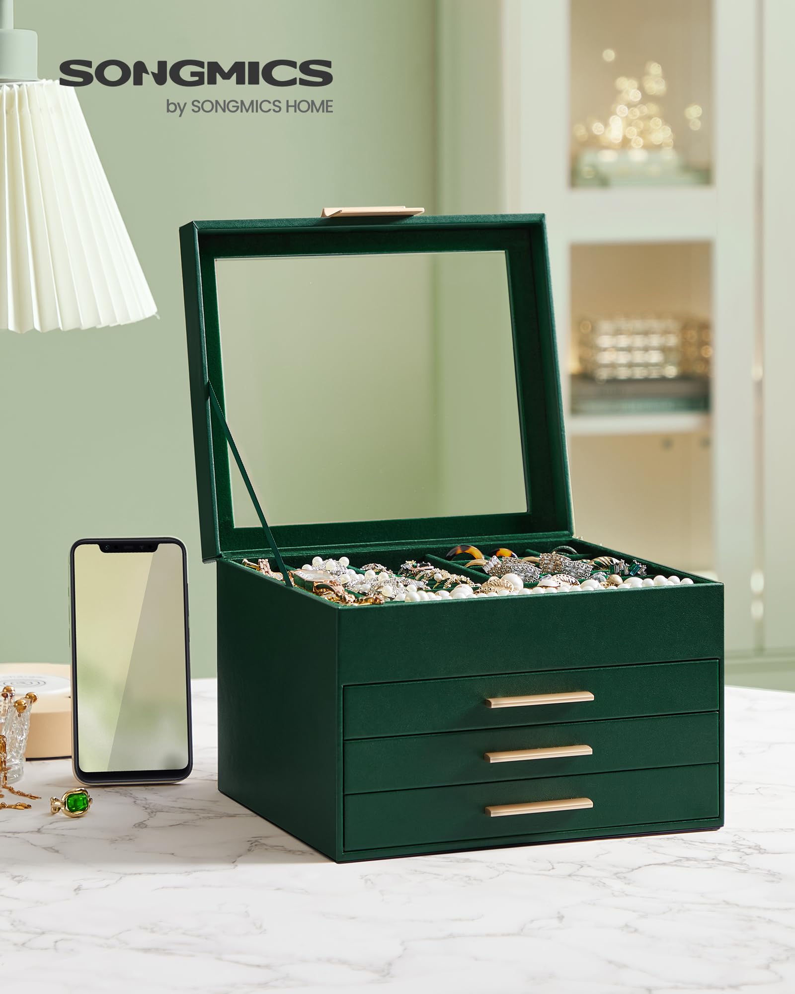 SONGMICS Jewelry Box with Glass Lid, 3-Layer Jewelry Organizer, 2 Drawers, for Big and Small Jewelry, Jewelry Storage, Modern Style, 8 x 9.1 x 5.3 Inches, Cloud White and Gold Color UJBC239WT