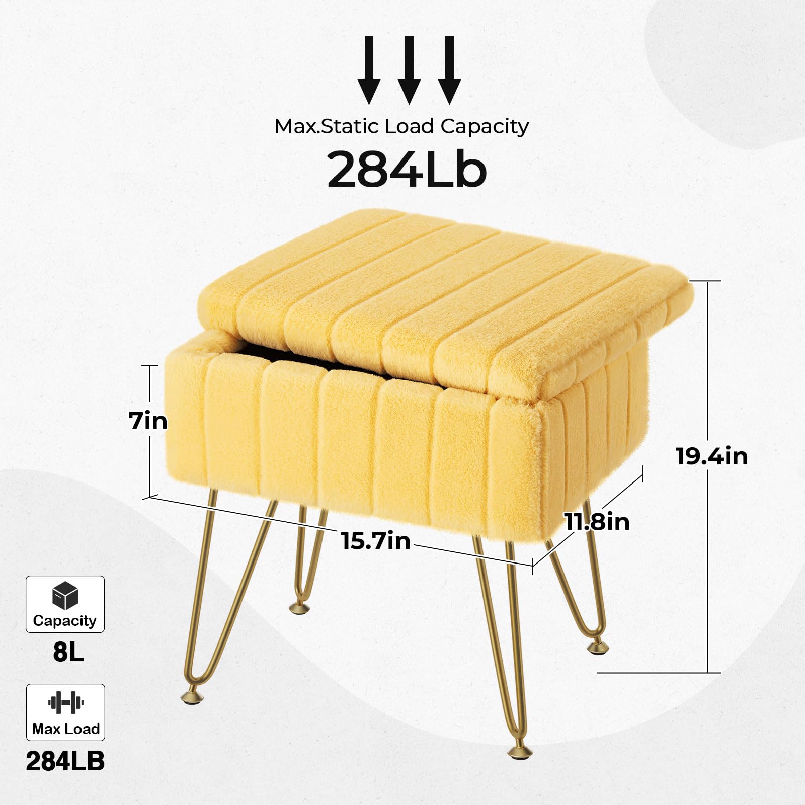 Greenstell Vanity Stool Chair Faux Fur with Storage, 19.4" H x 15.7" L x 11.8" W Soft Ottoman 4 Metal Legs with Anti-Slip Feet, Furry Padded Seat, Modern Multifunctional Chairs for Makeup, Bedroom