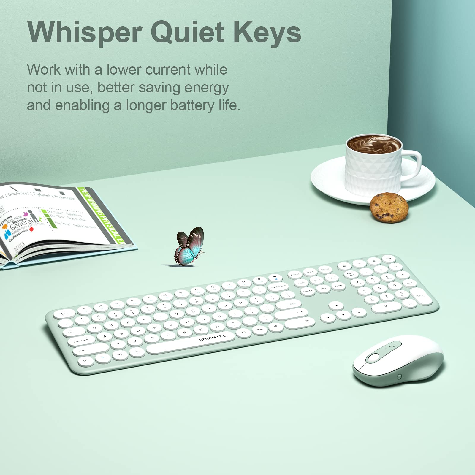 Wireless Keyboard and Mouse, XTREMTEC Cute Keyboard Retro Round Keycap - 2.4GHz Ultra-Slim Quiet Aesthetic Keyboard for Mac Computer Laptop PC Desktops (Rosegold)