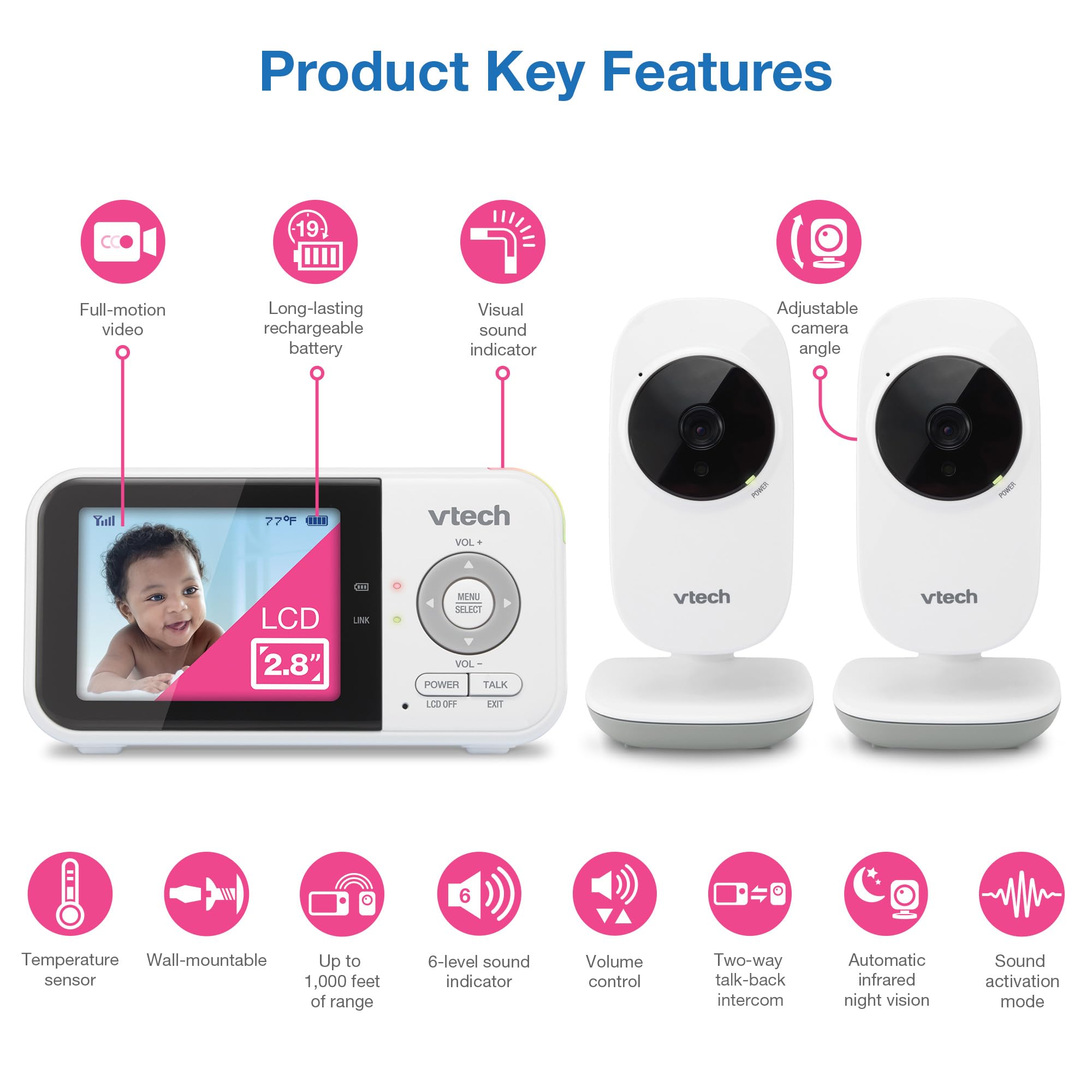 VTech VM819 Baby Monitor, 2.8” Screen, Night Vision, 2-Way Audio, Temperature Sensor and Lullabies, Secure Transmission No WiFi