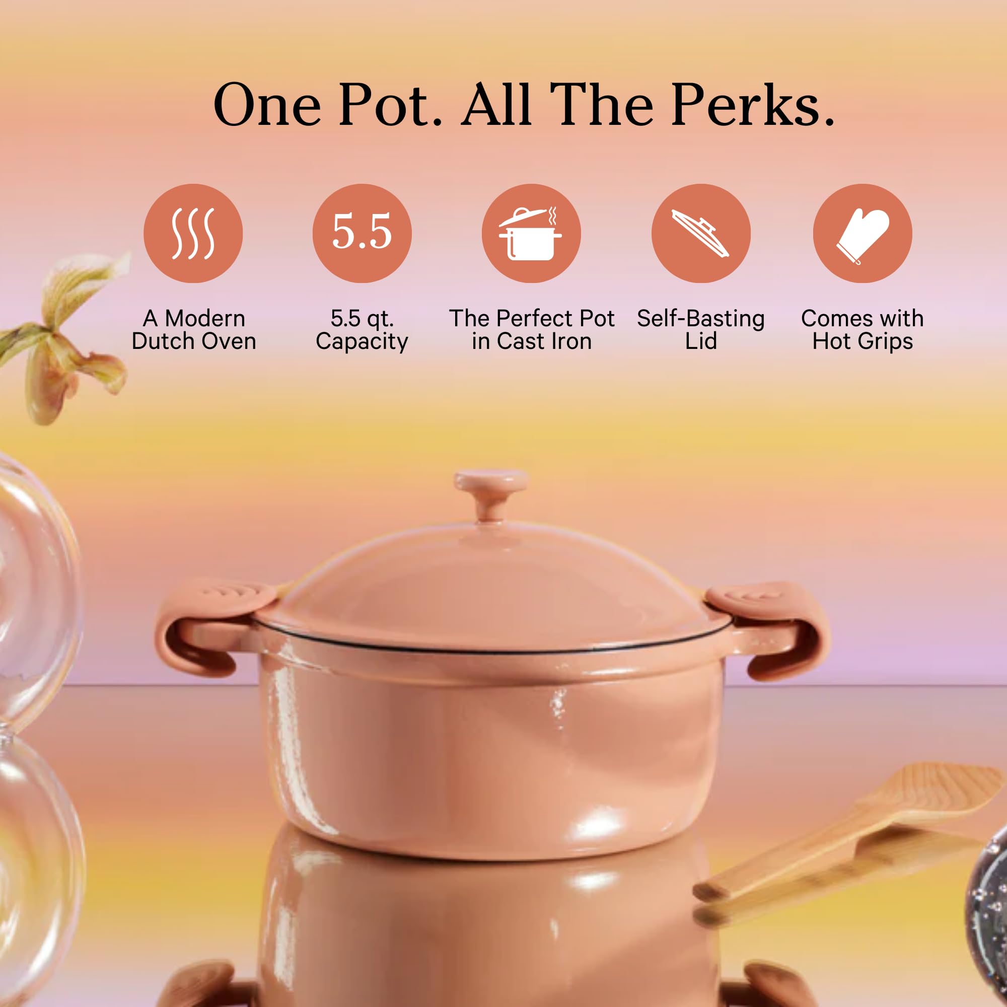 Our Place Cast Iron Perfect Pot | 6-in-1 Multifunctional 5.5 Qt. Toxin-Free Enameled Dutch Oven with Self-Basting Lid | Hot Grips & Beechwood Scraper | Induction Cooktop and Oven Safe | Spice