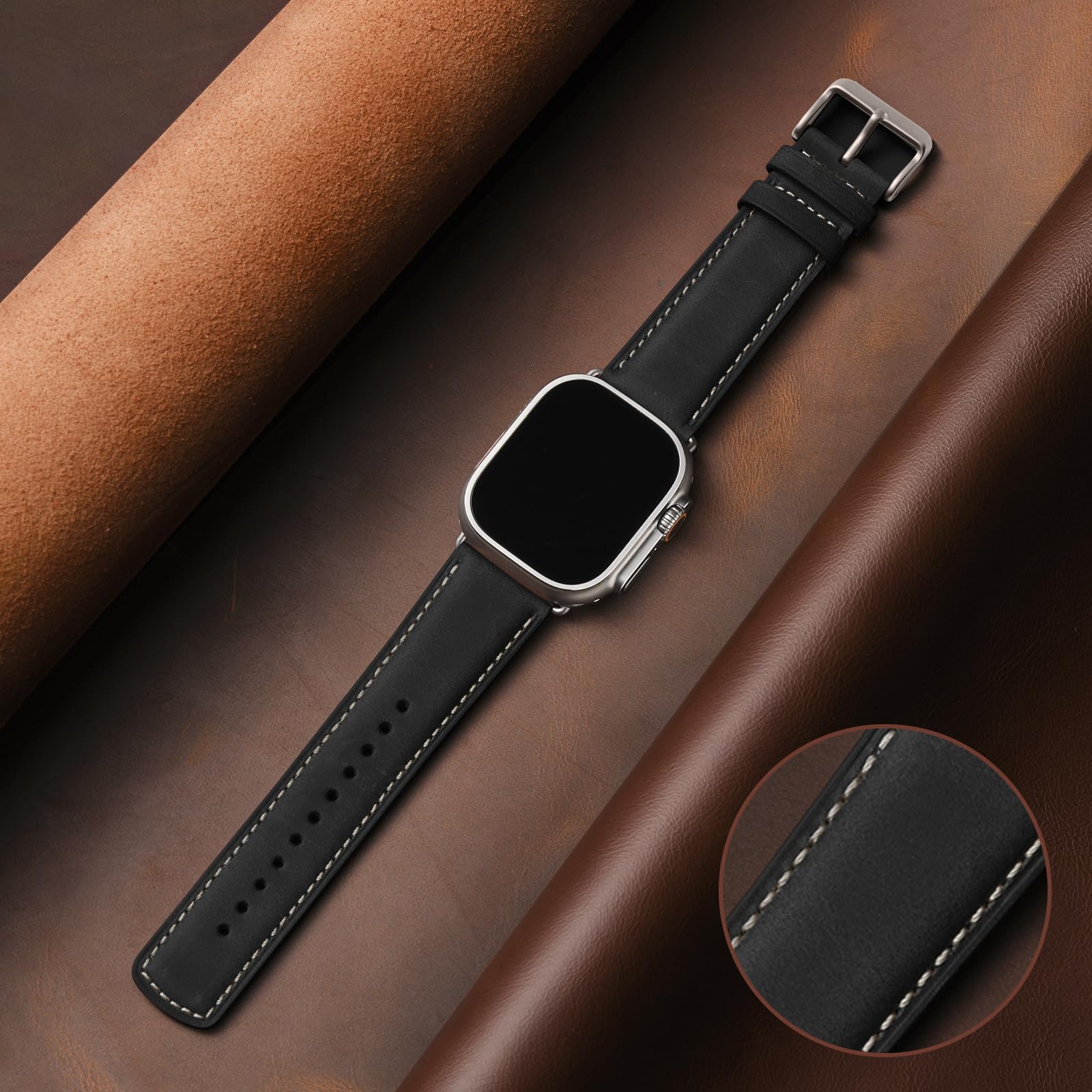 Bestig Compatible with Apple Watch Band 49mm 46mm 45mm 44mm 42mm(Series 3 2 1) Apple Watch Leather Bands Genuine Leather for iWatch Strap Ultra Series 10 9 8 7 6 5 4 SE Women Man-Redbrown/Black