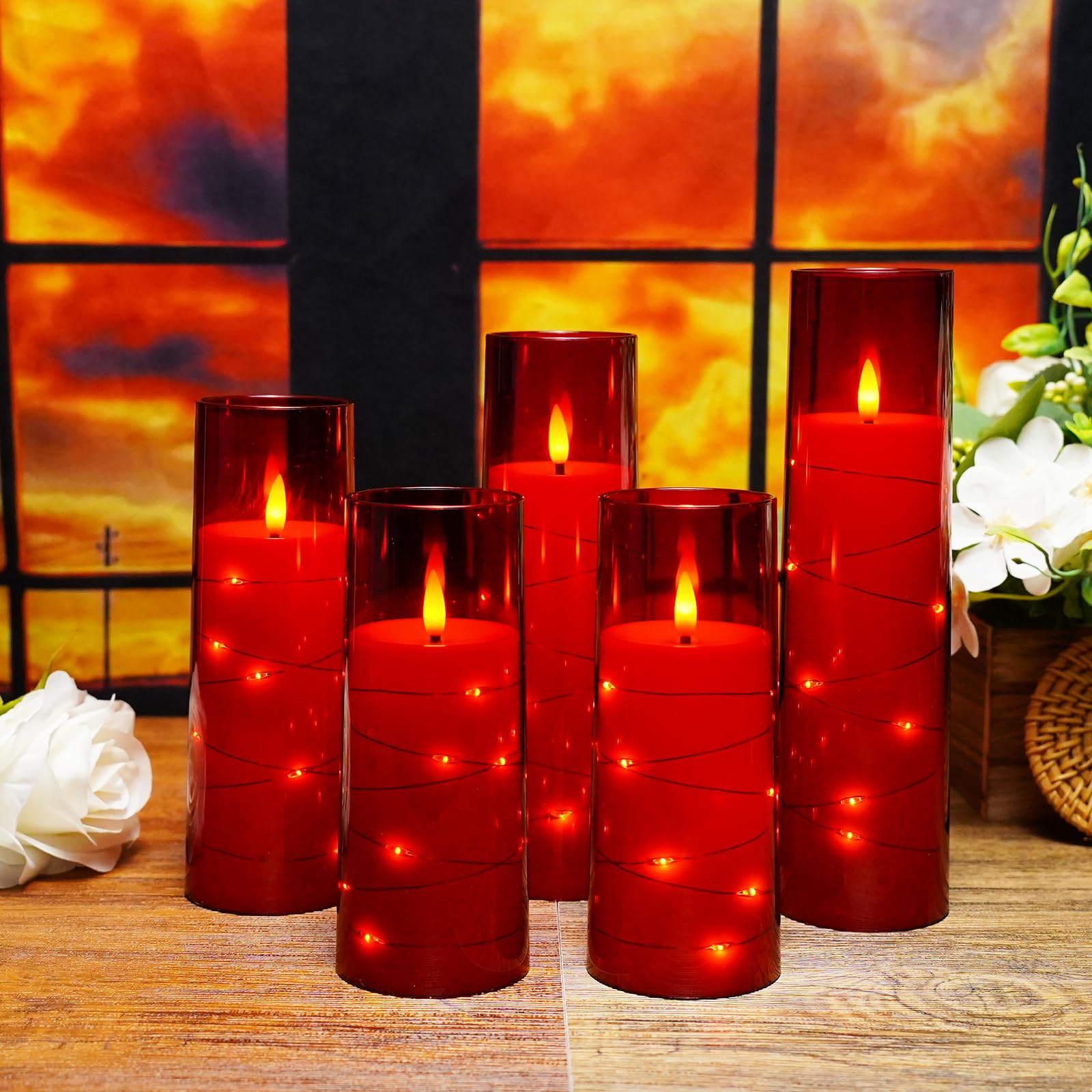 Flameless LED Candles with Timer 5 Pc Flickering Flameless Candles for Romantic Ambiance and Home Decoration Stable Acrylic Shell,with Embedded Star String,Battery Operated Candles(Grey)