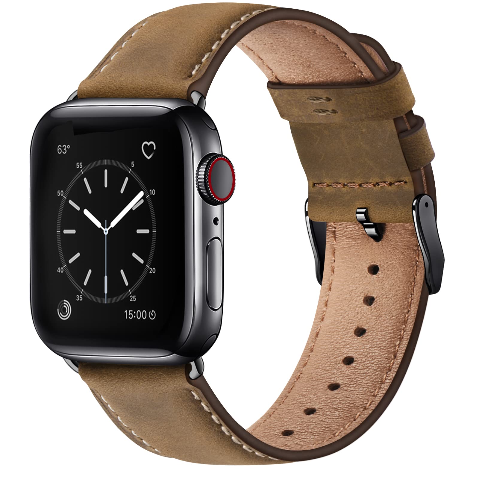 Bestig Compatible with Apple Watch Band 49mm 46mm 45mm 44mm 42mm(Series 3 2 1) Apple Watch Leather Bands Genuine Leather for iWatch Strap Ultra Series 10 9 8 7 6 5 4 SE Women Man-Redbrown/Black