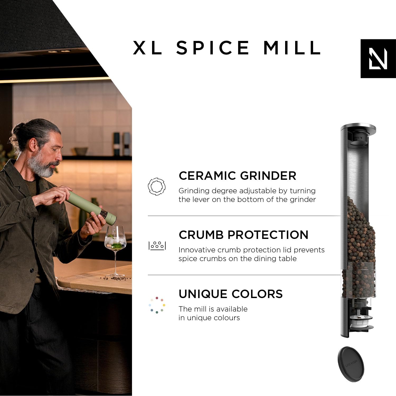 LARS NYSØM Salt and Pepper Mills Set Stainless Steel with Adjustable Ceramic Grinder 2 Pieces I Design Spice Mills Set Manual (Brown/Beige)