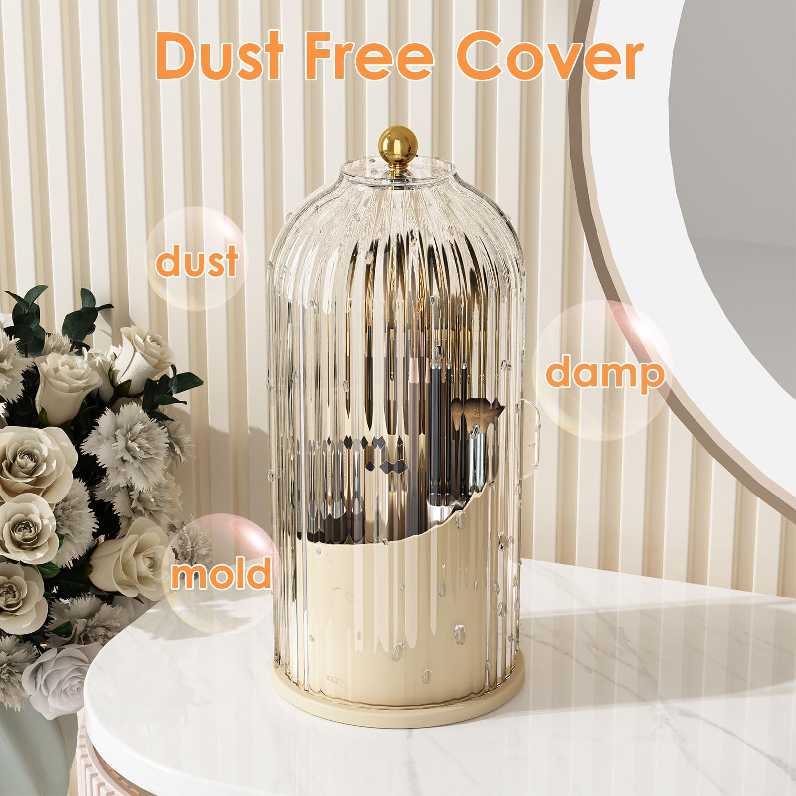 Makeup Brush Holder Organizer with Lid,360 Rotating Clear Dustproof Makeup Brushes Organizer for Vanity Desktop Bathroom Countertop (Transparent)