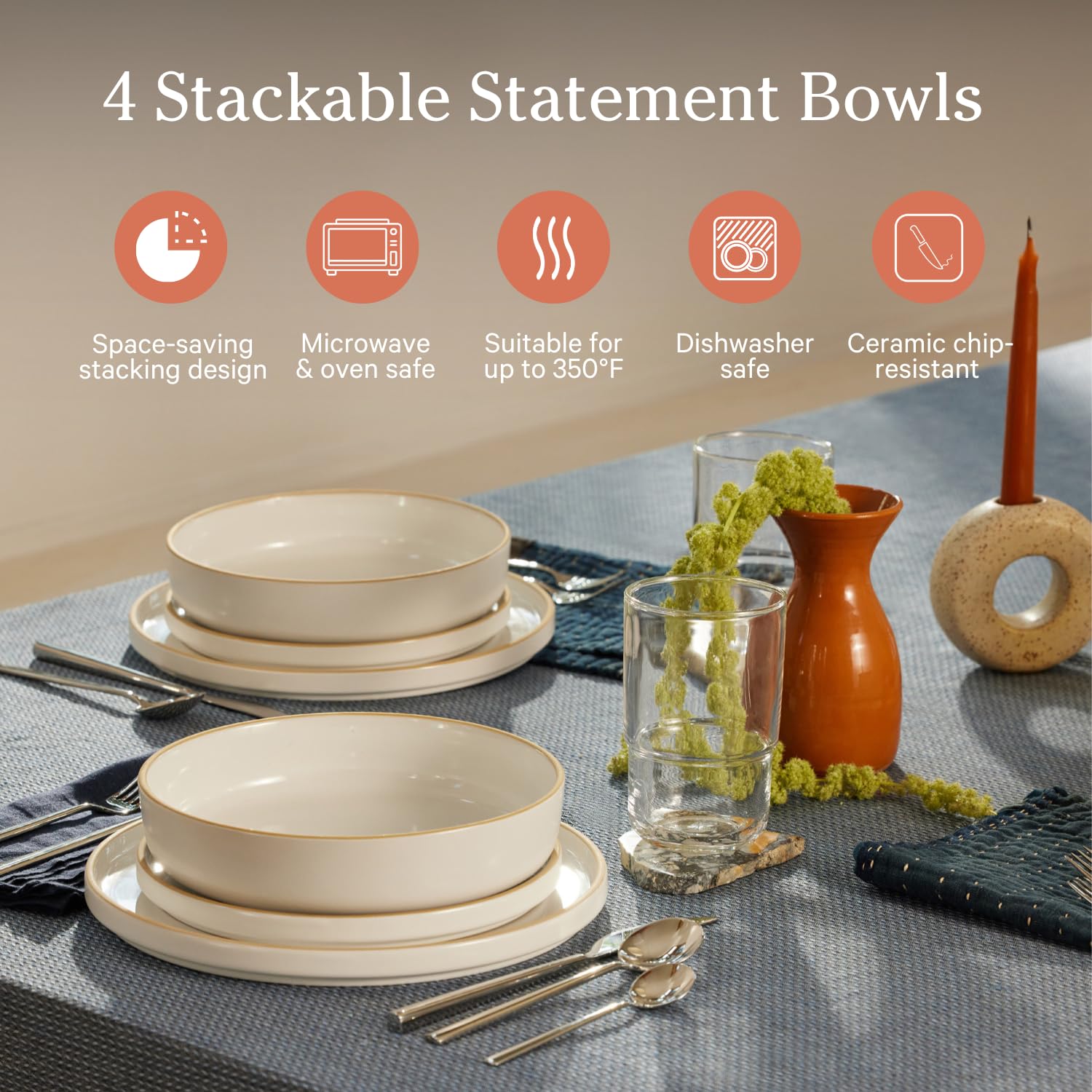 Our Place Dinner Bowls - Set of Four 8.5" Handcrafted Ceramic Bowls | Half-Plate, Half-Bowl Design for Pasta, Salads, & More | Chip-Resistant, Restaurant-Grade, Stackable | Steam