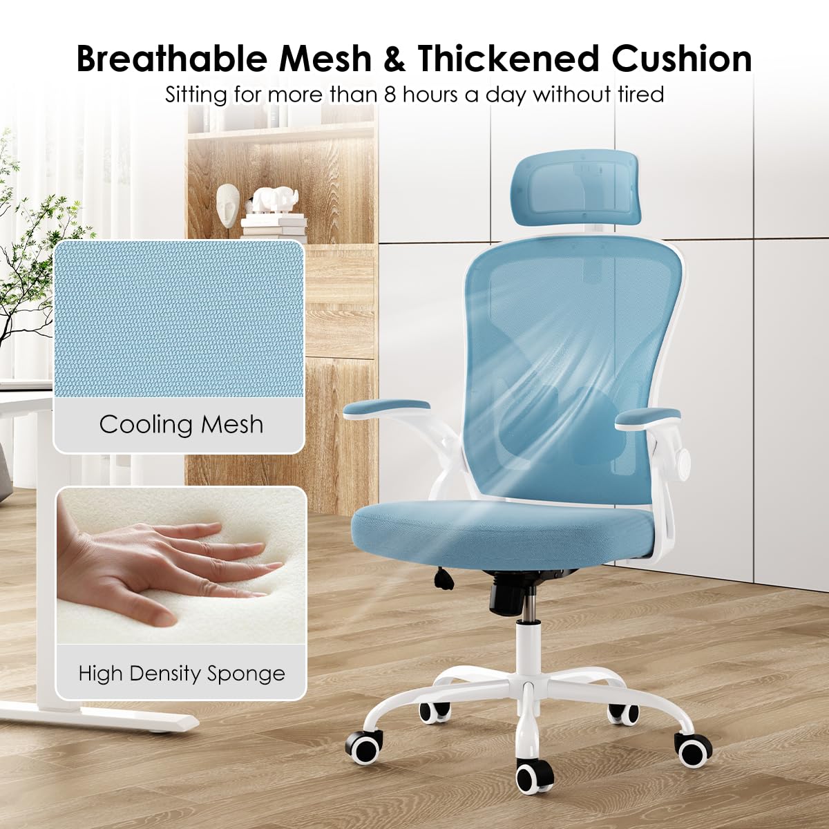 Farini Ergonomic Office Chair, Home Office Desk Chair with Headrest, High Back Computer Chair with Flip-up Armrests and Adjustable Lumbar Support for Home Office Study Bedroom, Khaki.