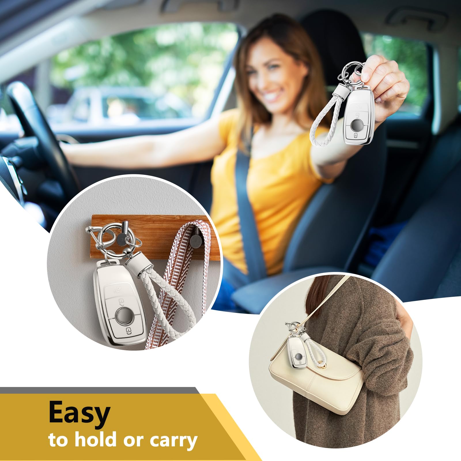Cadillac Key Fob Cover with Metal Braided Rope Keychain, Upgraded Soft Key Case for 2015-2019 Escalade CTS SRX XT5 ATS STS CT6 (5 Button) (Gold Edge)