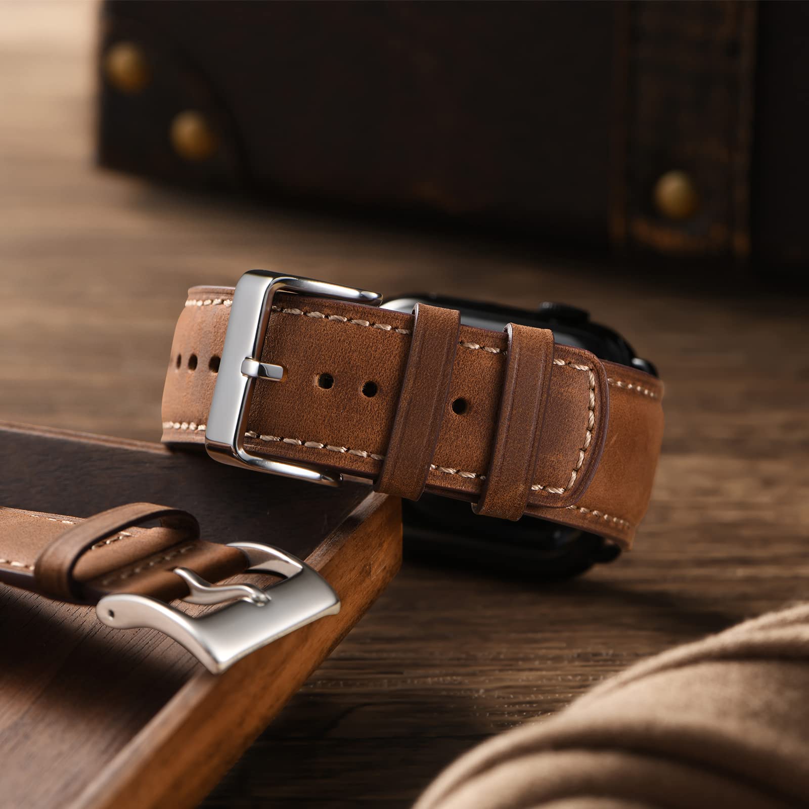 Bestig Compatible with Apple Watch Band 49mm 46mm 45mm 44mm 42mm(Series 3 2 1) Apple Watch Leather Bands Genuine Leather for iWatch Strap Ultra Series 10 9 8 7 6 5 4 SE Women Man-Redbrown/Black