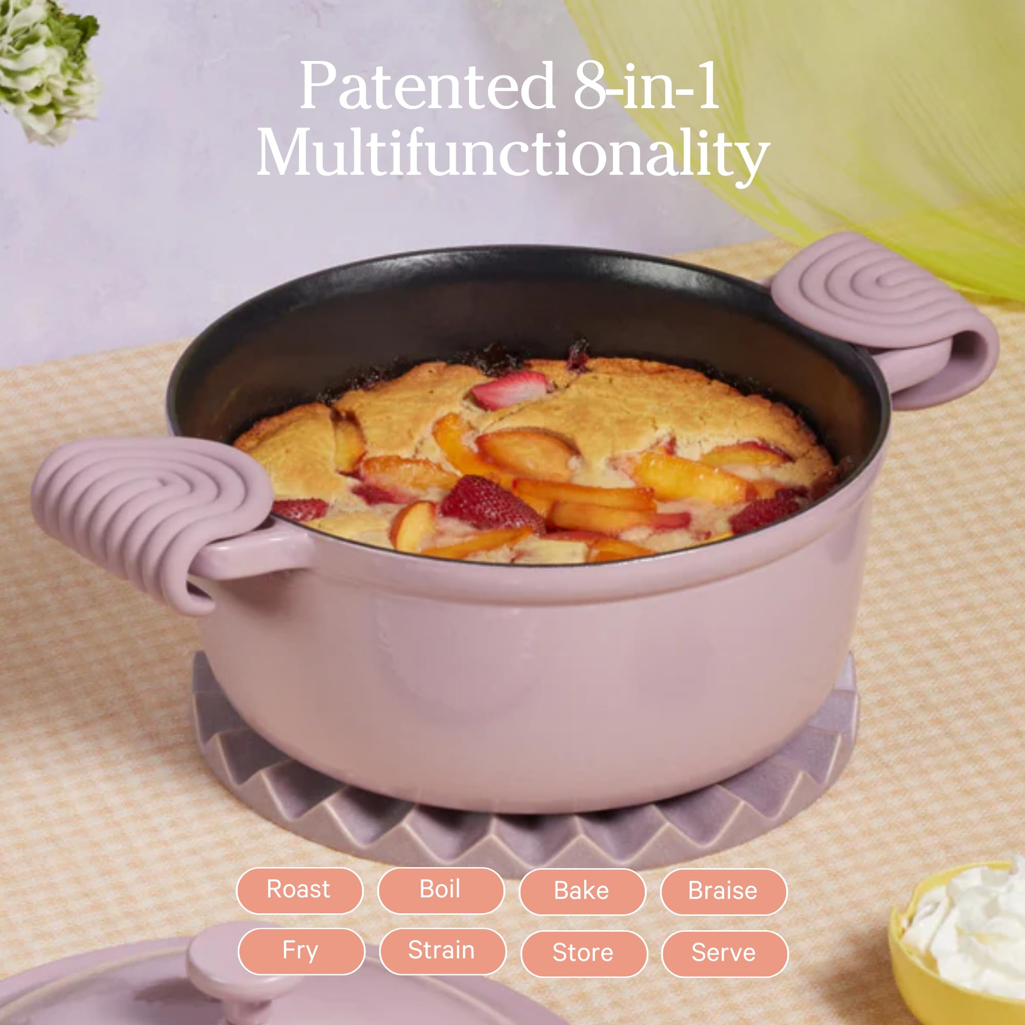 Our Place Cast Iron Perfect Pot | 6-in-1 Multifunctional 5.5 Qt. Toxin-Free Enameled Dutch Oven with Self-Basting Lid | Hot Grips & Beechwood Scraper | Induction Cooktop and Oven Safe | Spice