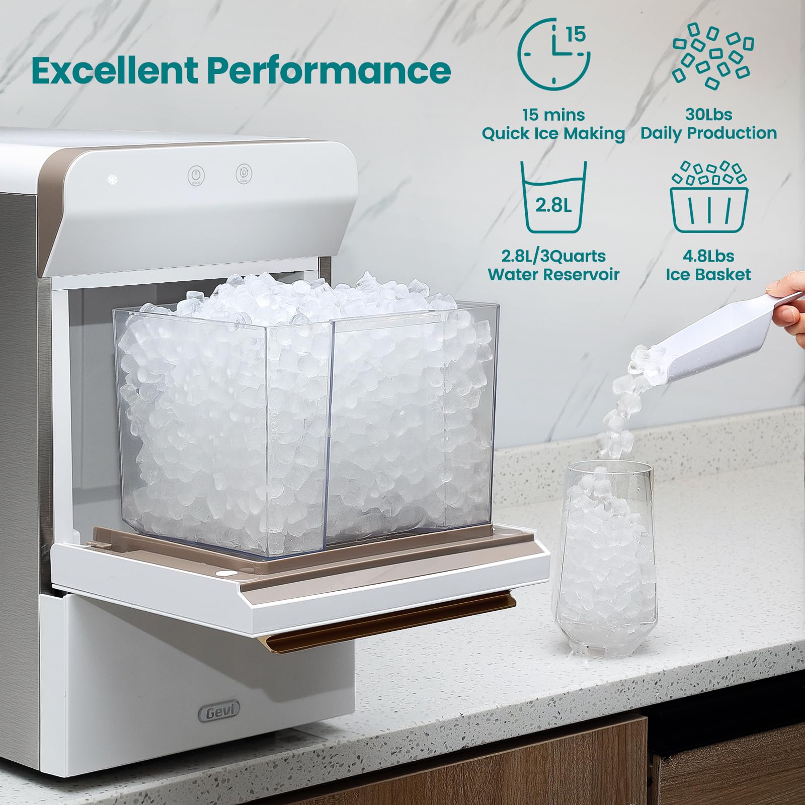 Gevi Household V2.0 Gemi Nugget Ice Maker Countertop Pellet Crushed Chewable Ice Machine with Self-Cleaning Open and Pour Water Refill for Kitchen Party Office Stainless Steel White