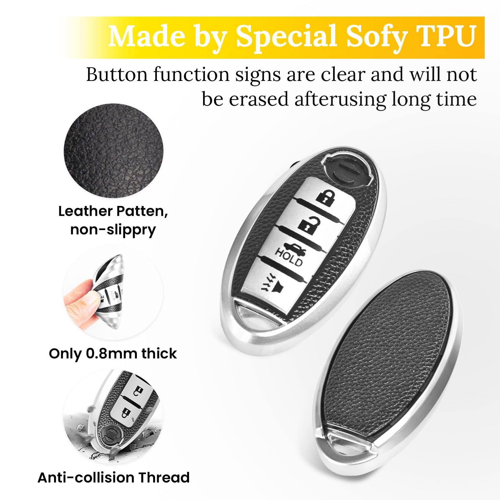 Cadillac Key Fob Cover with Metal Braided Rope Keychain, Upgraded Soft Key Case for 2015-2019 Escalade CTS SRX XT5 ATS STS CT6 (5 Button) (Gold Edge)