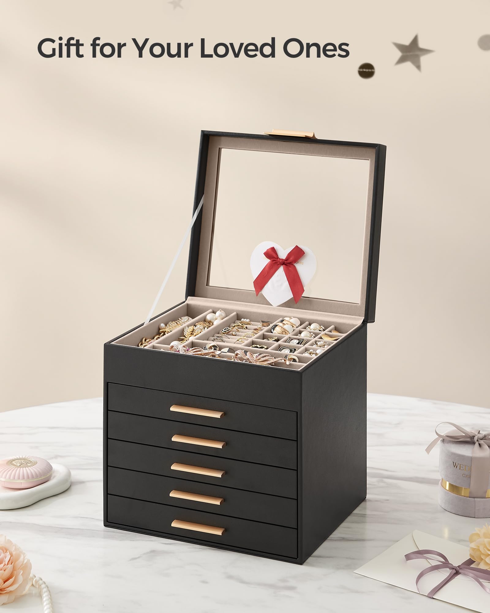 SONGMICS Jewelry Box with Glass Lid, 3-Layer Jewelry Organizer, 2 Drawers, for Big and Small Jewelry, Jewelry Storage, Modern Style, 8 x 9.1 x 5.3 Inches, Cloud White and Gold Color UJBC239WT