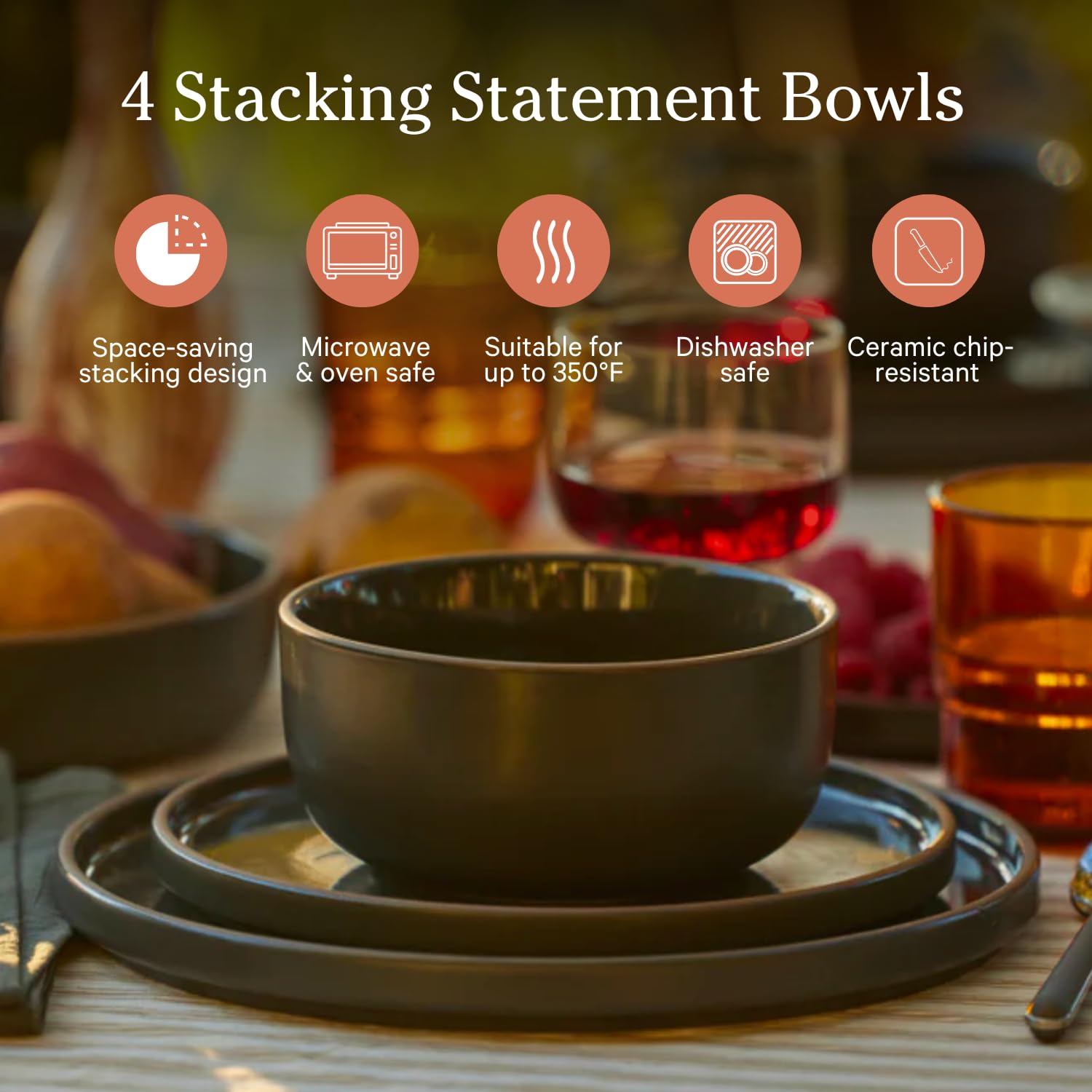 Our Place Soup Bowls - Set of Four 6” Handcrafted Ceramic Bowls | Versatile for Soups, Oats, & Desserts | Chip-Resistant, Restaurant-Grade | Stackable & Space-Saving | Steam