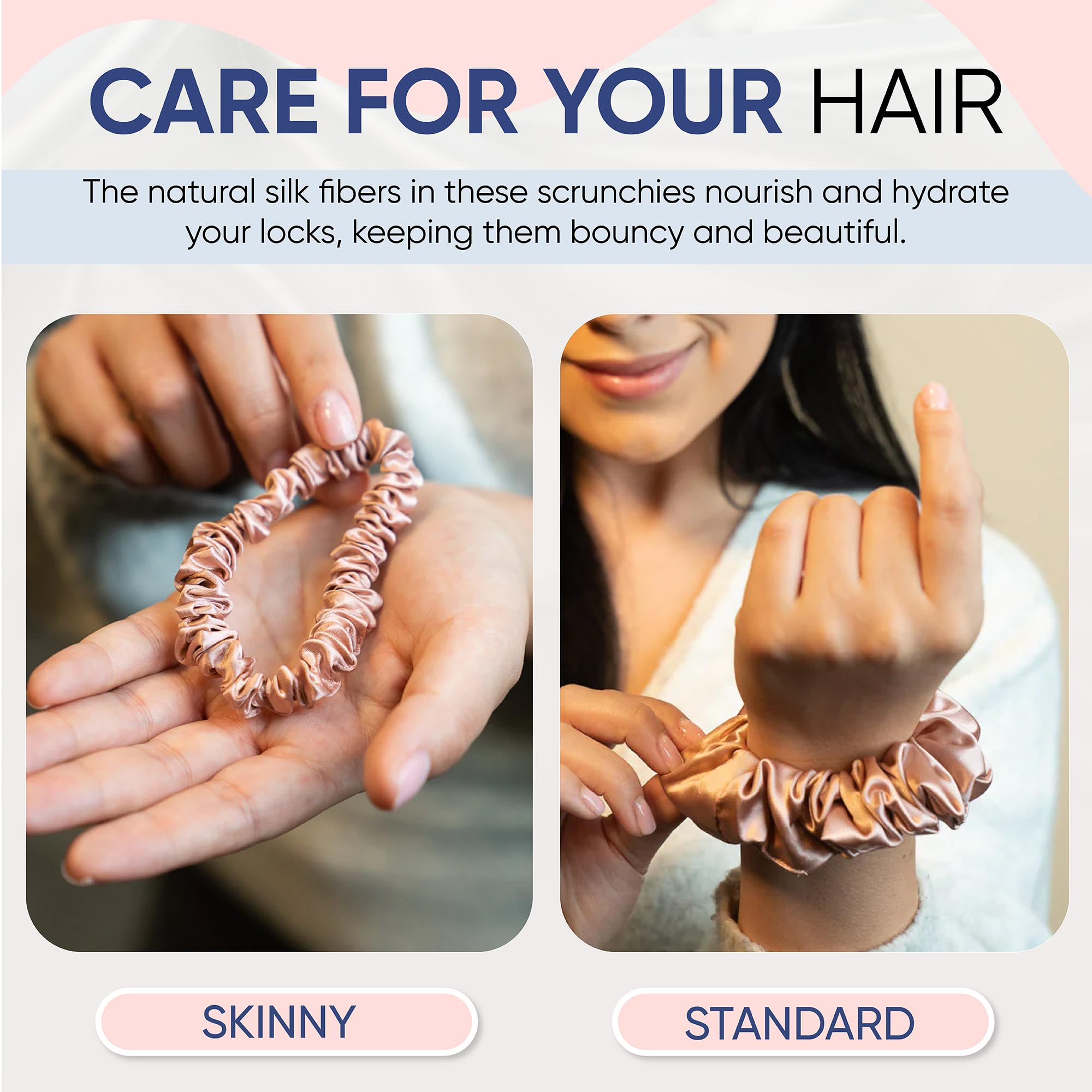 Blissy Silk Scrunchies (3 Pack) - 100% Pure Mulberry Silk - 22 Momme 6A High-Grade Fibers - Silk Scrunchie for Straight & Curly Hair - Preventing Breakage, Tangling, & Creasing (Rose Skinny)