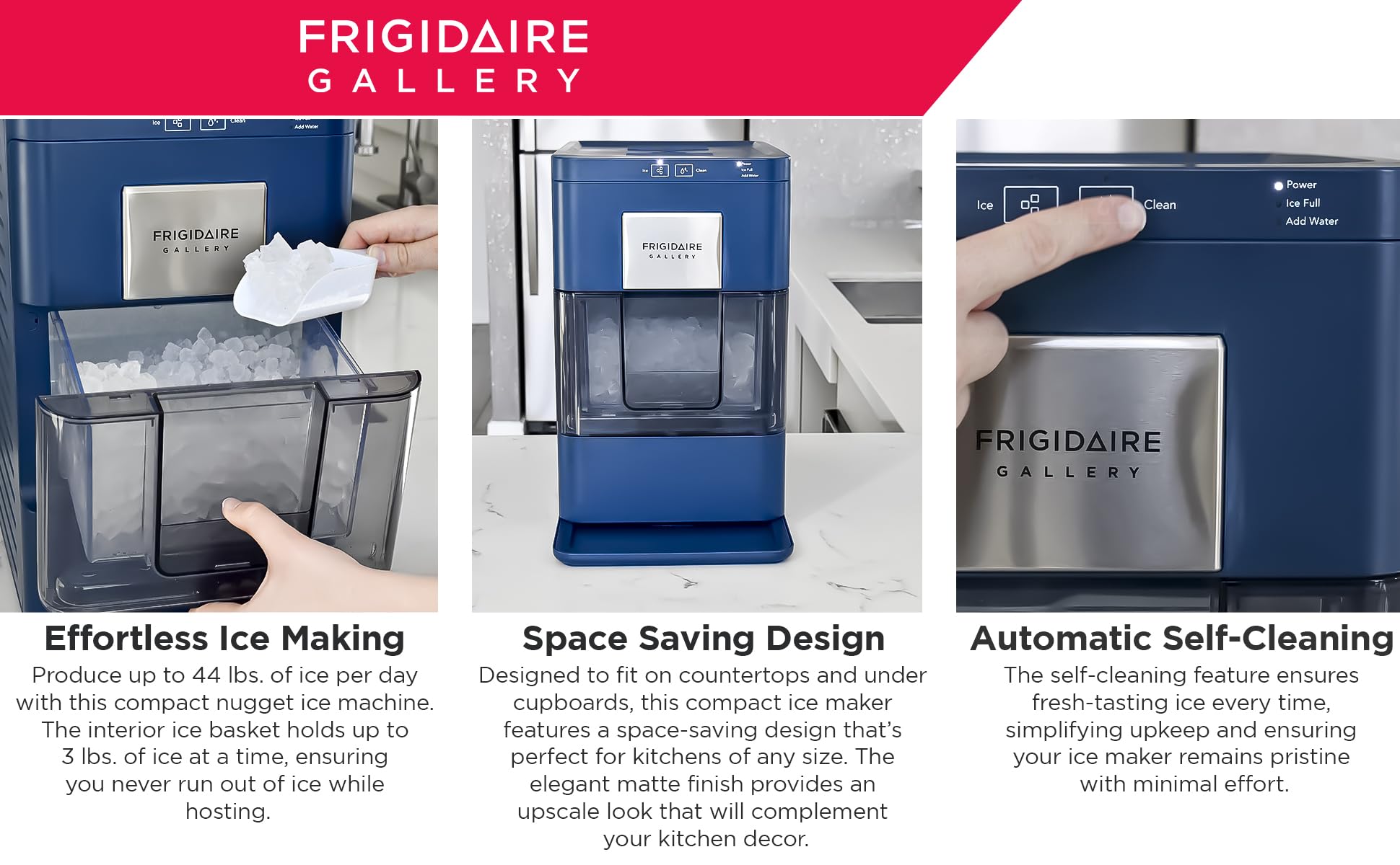 Frigidaire Nugget Ice Maker, Countertop Ice Machine with Transparent Window, Sonic Ice Maker with 44 lbs. Capacity, Auto Self Cleaning Ice Maker Machine, 2.0 Gen, Cream - 16.75D x 11.75W x 20.25H