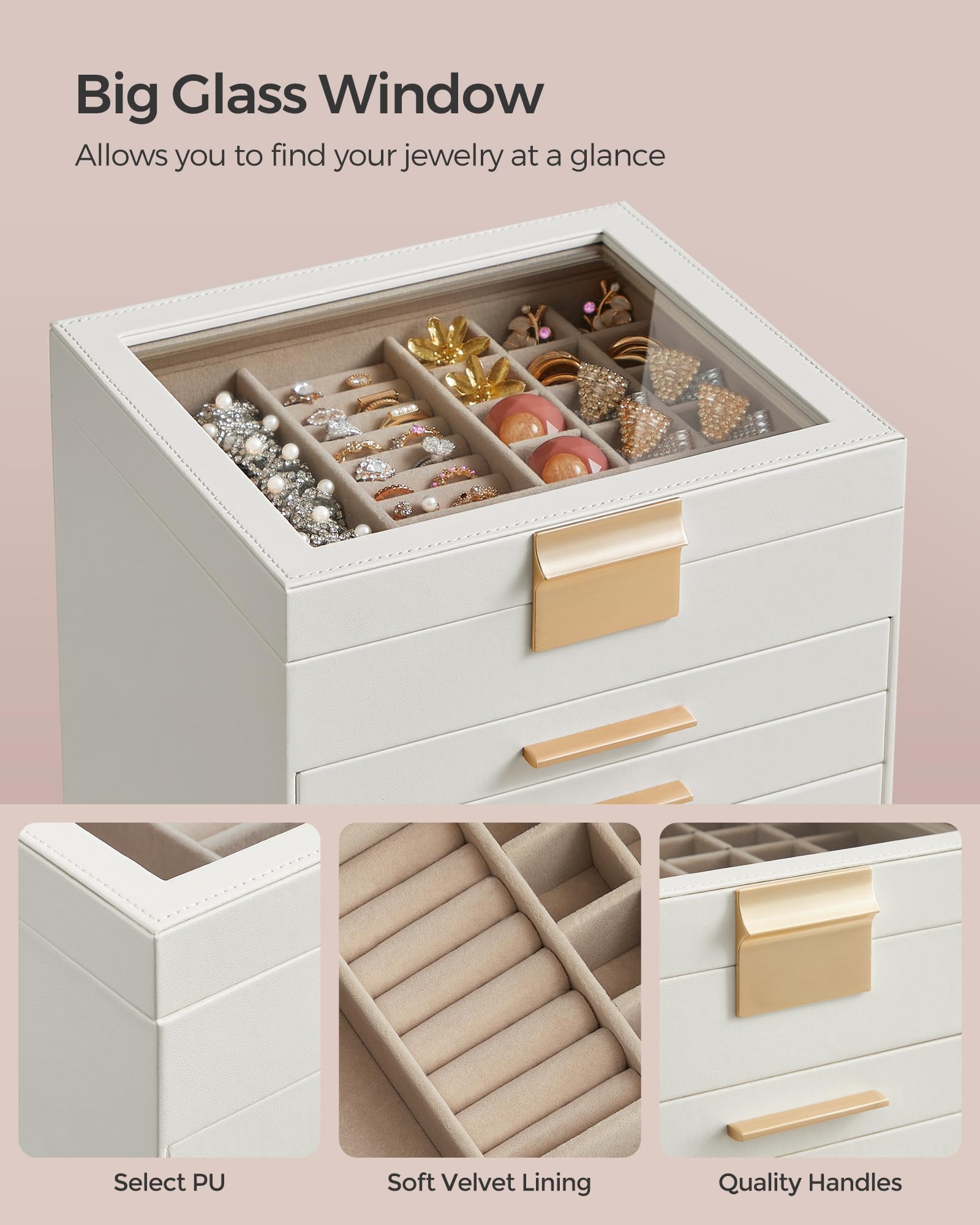 SONGMICS Jewelry Box with Glass Lid, 3-Layer Jewelry Organizer, 2 Drawers, for Big and Small Jewelry, Jewelry Storage, Modern Style, 8 x 9.1 x 5.3 Inches, Cloud White and Gold Color UJBC239WT