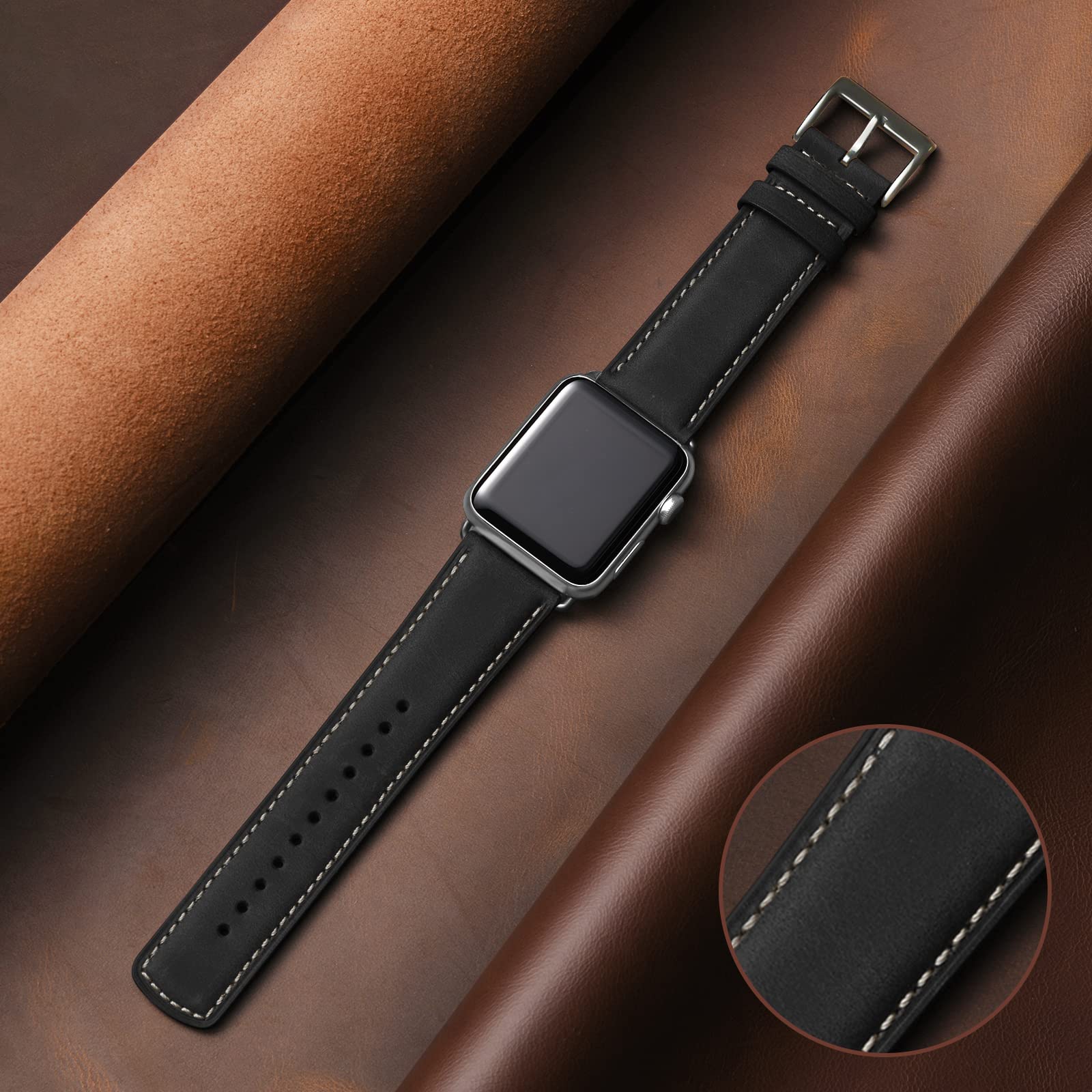 Bestig Compatible with Apple Watch Band 49mm 46mm 45mm 44mm 42mm(Series 3 2 1) Apple Watch Leather Bands Genuine Leather for iWatch Strap Ultra Series 10 9 8 7 6 5 4 SE Women Man-Redbrown/Black