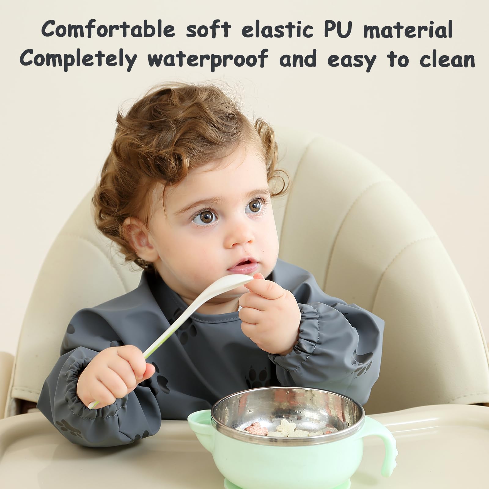 PewinGo Weaning Bib with Long Sleeves & BLW, Soft and Skin-Friendly Material, Coverall Bibs for Baby Feeding, Waterproof and Easy to Clean & Machine Washable, for Baby Infant Toddlers (Pink)