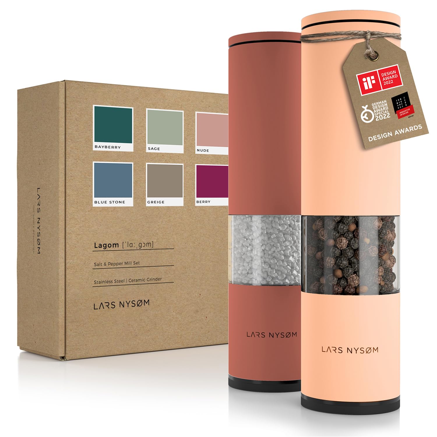 LARS NYSØM Salt and Pepper Mills Set Stainless Steel with Adjustable Ceramic Grinder 2 Pieces I Design Spice Mills Set Manual (Brown/Beige)