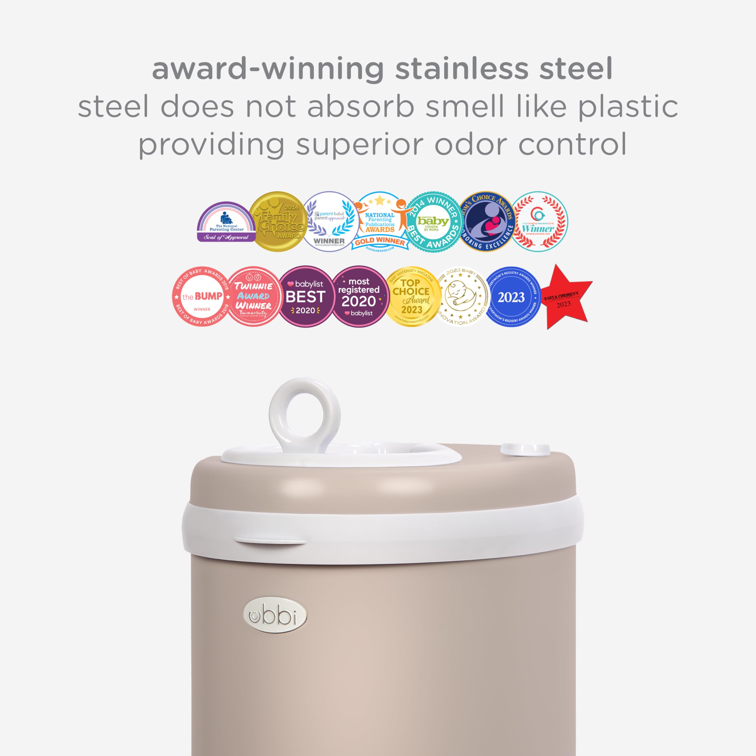 Ubbi Steel Odor Locking, No Special Bag Required Money Saving, Awards-Winning, Modern Design Registry Must-Have Diaper Pail, Taupe