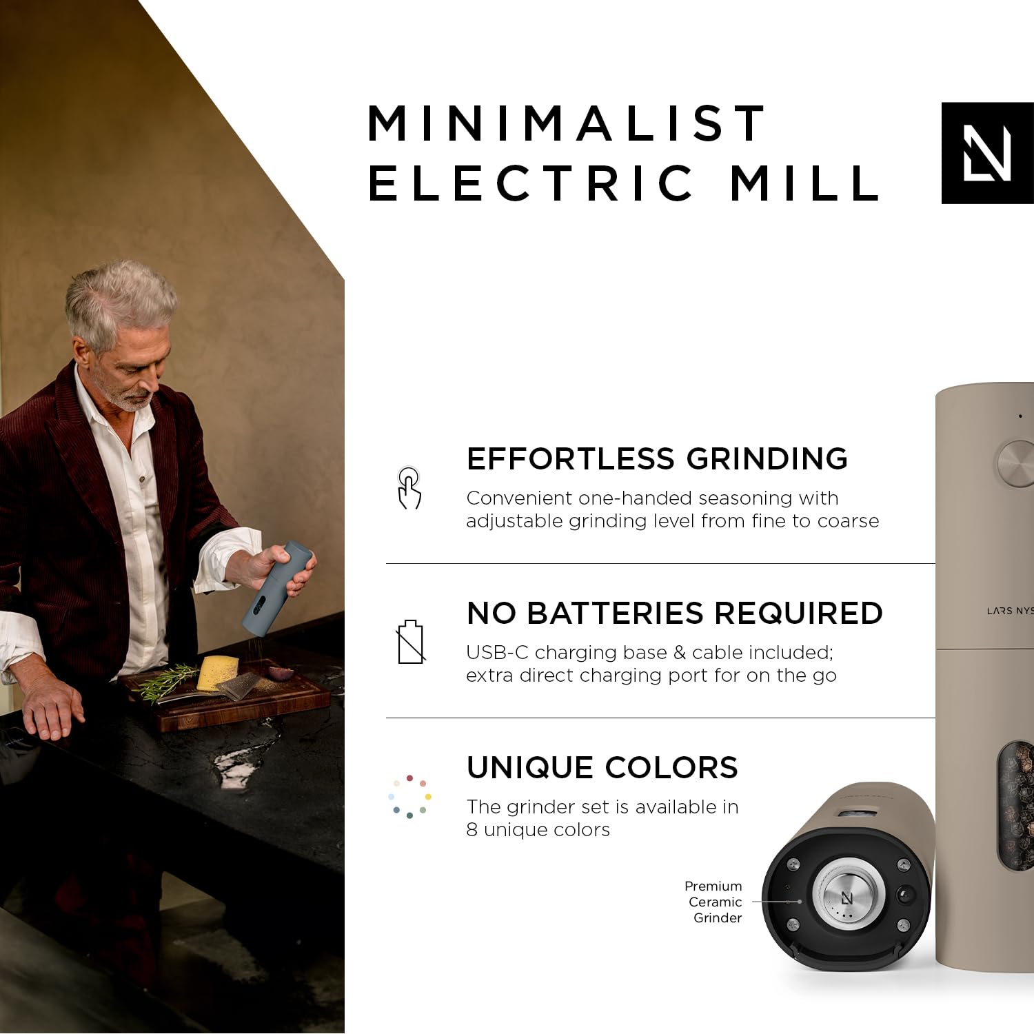 LARS NYSØM Electric Salt and Pepper Grinder Set I Automatic Salt and Pepper Mills with Adjustable Ceramic Grinder I USB Rechargeable Electric Spice Grinder Set (Almond Beige)