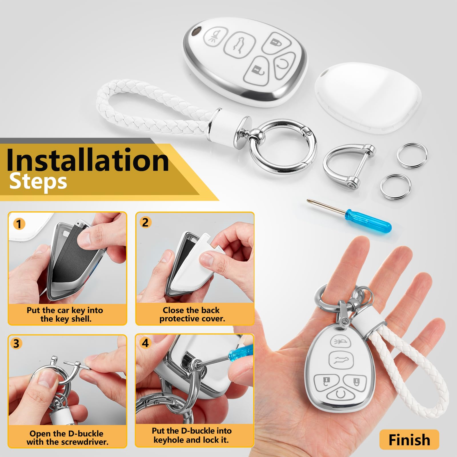 Cadillac Key Fob Cover with Metal Braided Rope Keychain, Upgraded Soft Key Case for 2015-2019 Escalade CTS SRX XT5 ATS STS CT6 (5 Button) (Gold Edge)