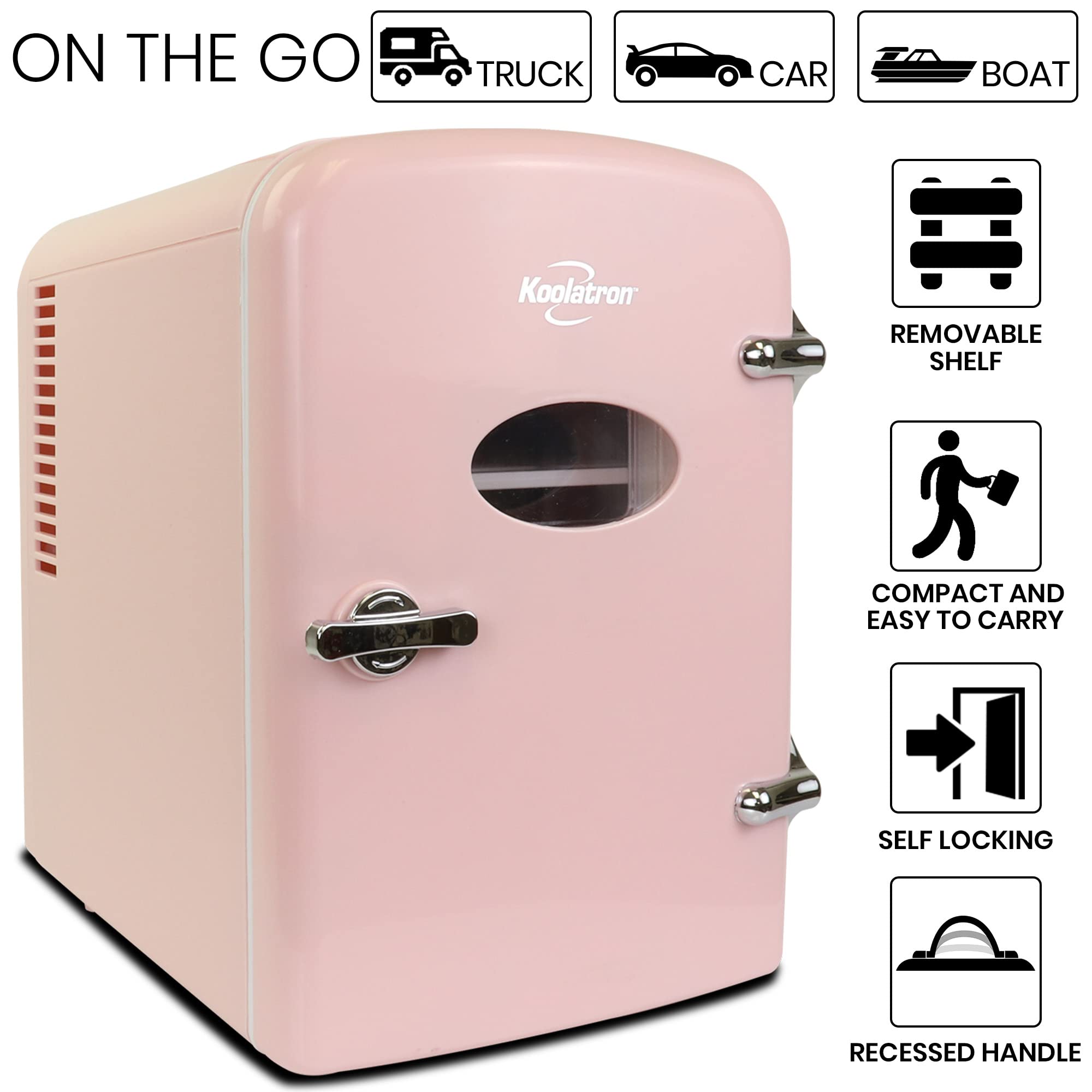 Koolatron Retro Mini Portable Fridge, 4L Compact Refrigerator for Skincare, Beauty Serum, Face Mask, Personal Cooler, Includes 12V Car Adapter, Desktop Accessory for Home Office Dorm Travel, Pink